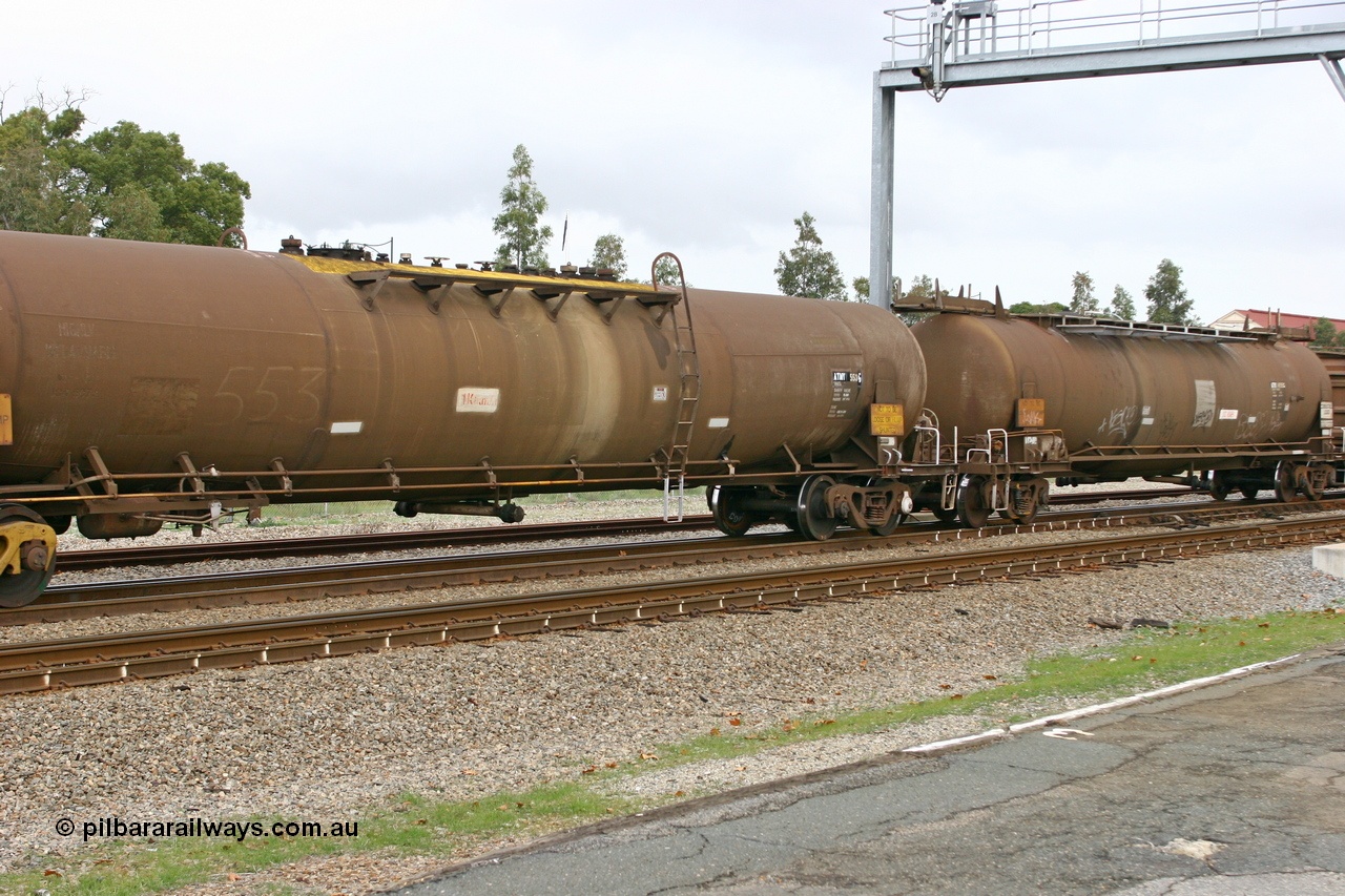 070608 0106
Midland, ATMY 553 fuel tank waggon, built by Tulloch Ltd NSW for BP Oil in 1971 as WJM type, capacity of 102000 litres, diesel capacity of 76000 litres.
Keywords: ATMY-type;ATMY553;Tulloch-Ltd-NSW;WJM-type;