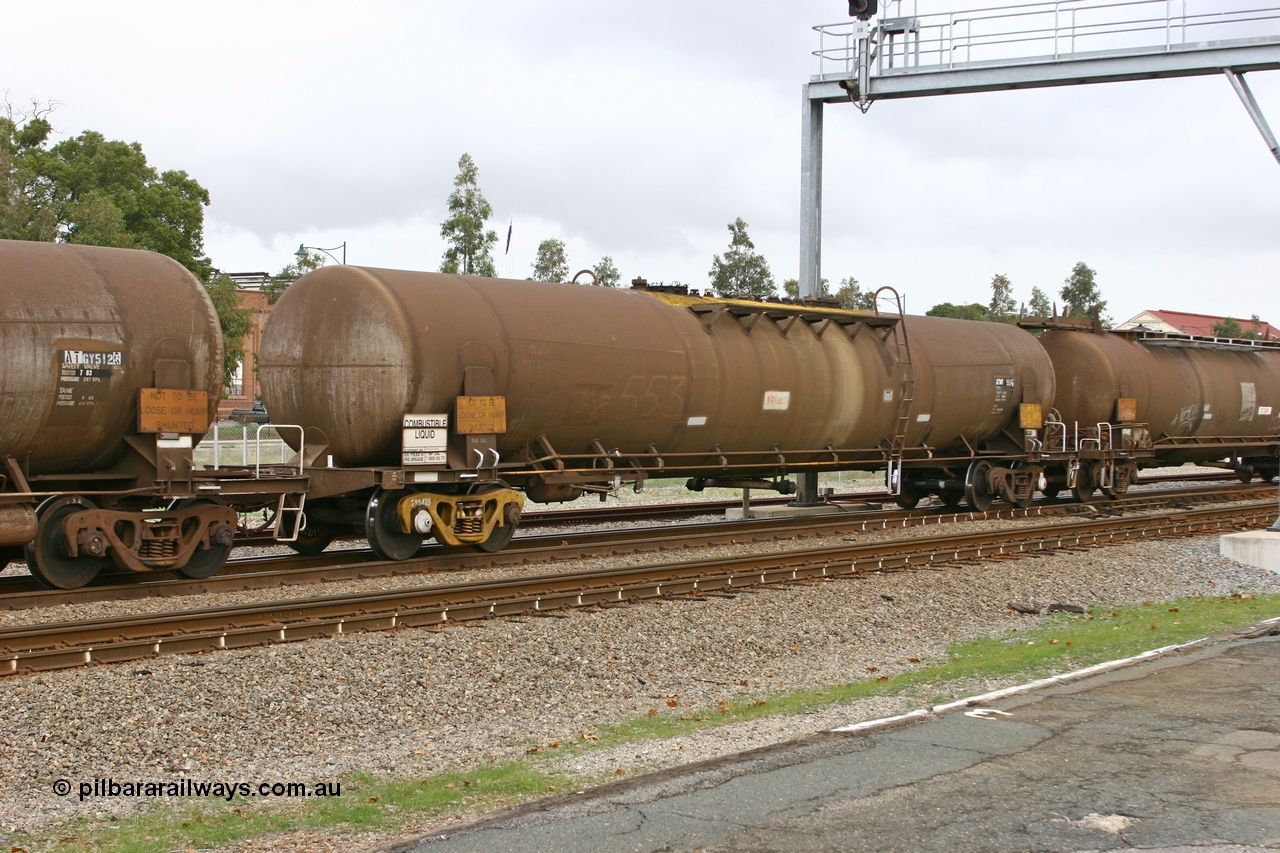 070608 0107
Midland, ATMY 553 fuel tank waggon, built by Tulloch Ltd NSW for BP Oil in 1971 as WJM type, capacity of 102000 litres, diesel capacity of 76000 litres.
Keywords: ATMY-type;ATMY553;Tulloch-Ltd-NSW;WJM-type;