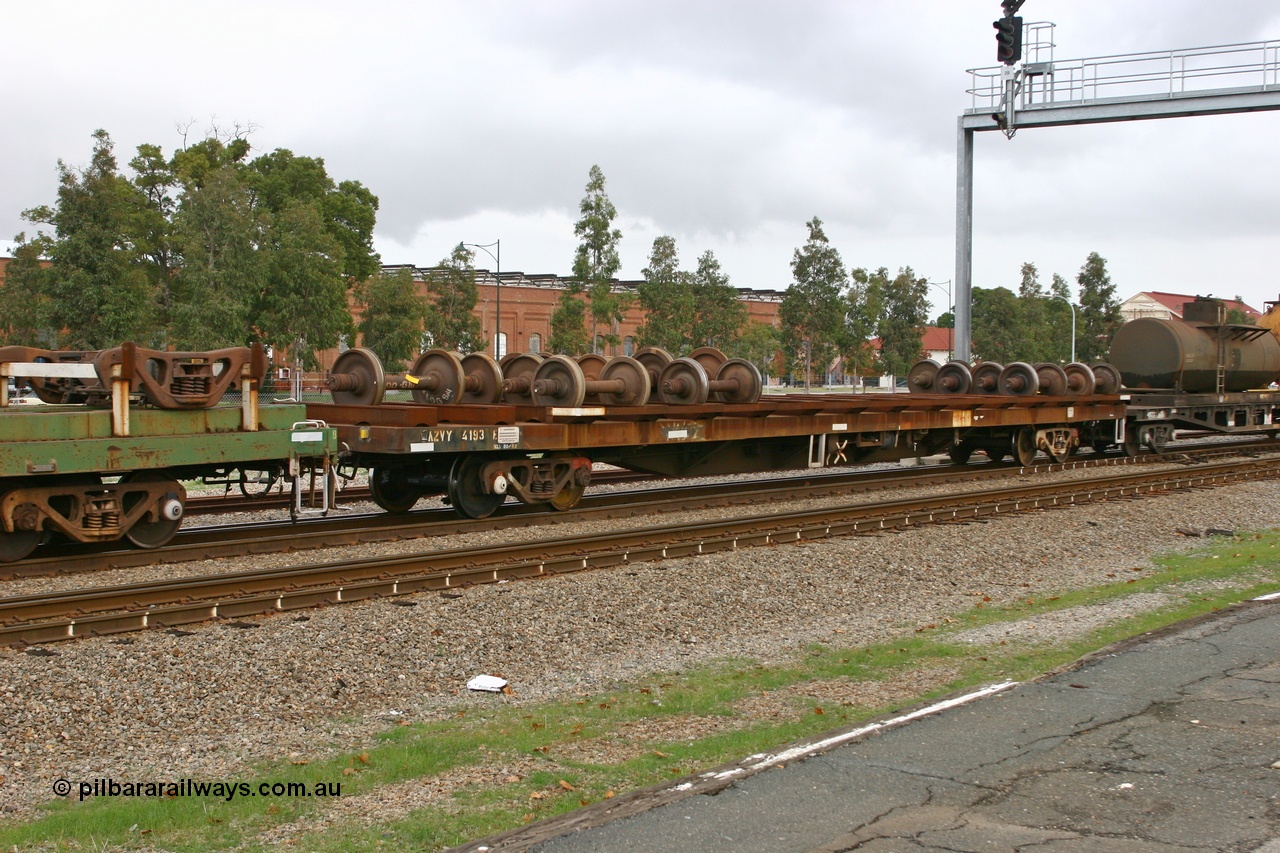 070608 0119
Midland, AZVY type departmental wheel set carrier waggon AZVY 4193, built by Transfield WA 1976 for Commonwealth Railways as one of two hundred GOX type open waggons, recoded to AOOX, in 1993 to AOSX type. In service with ARG as a wheel set transport waggon in West Kalgoorlie loco traffic.
Keywords: AZVY-type;AZVY4193;Transfield-WA;GOX-type;AOOX-type;AOSX-type;