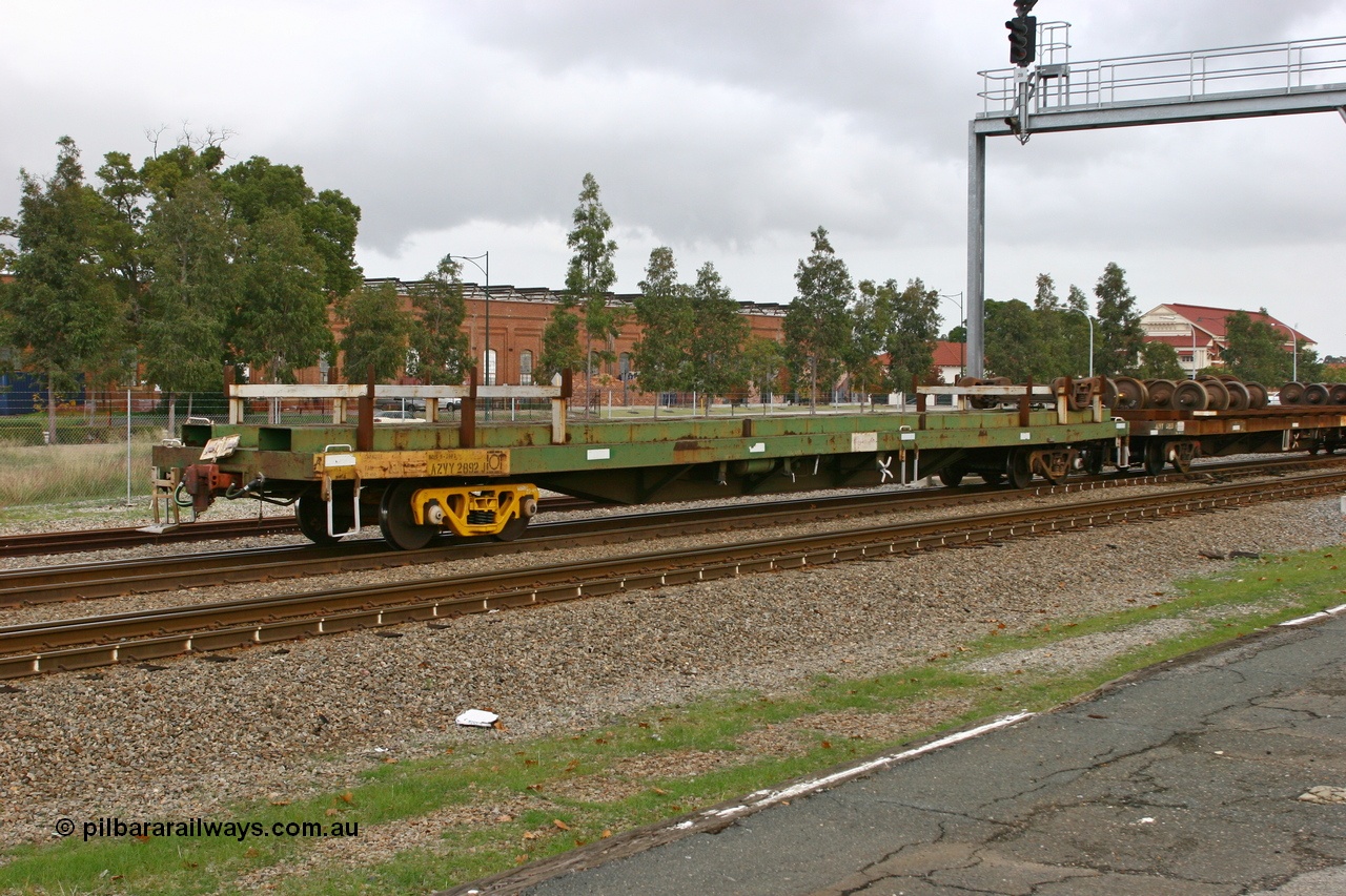 070608 0120
Midland, AZVY type departmental wheel set carrier waggon AZVY 2829, built by Transfield WA 1976 for Commonwealth Railways as one of two hundred GOX type open waggons. Recoded to AOOX, then in 1992 modified to AZVY.
Keywords: AZVY-type;AZVY2892;Transfield-WA;GOX-type;AOOX-type;AZVL-type;