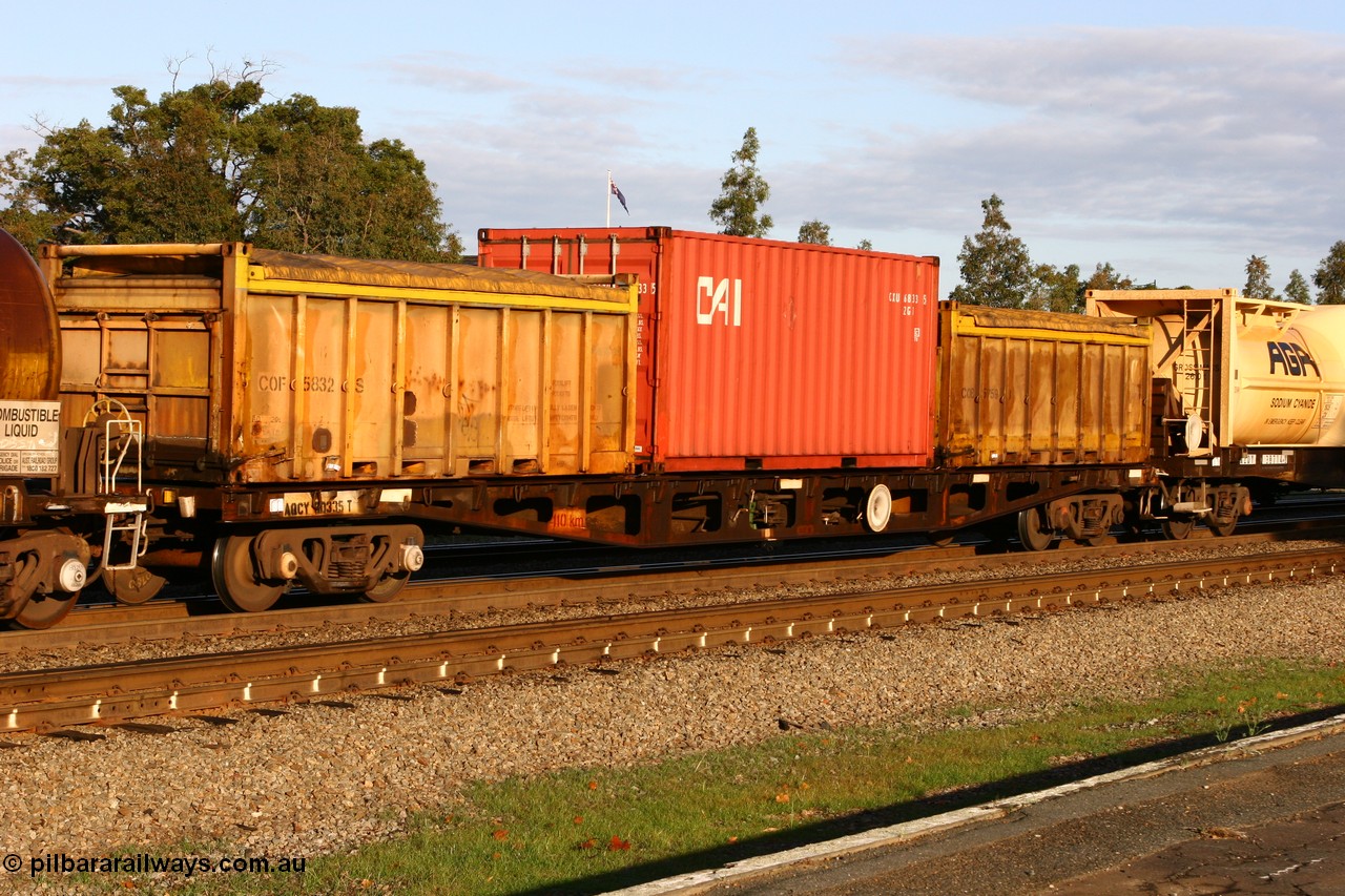 070609 0188
Midland, AQCY 30335 container waggon, one of one hundred and sixty one units built by Tomlinson Steel WA in 1969-70 as WFX type, one of twenty five converted to narrow gauge in 1970 as QWF, then back to standard gauge in 1972 as WFX, then recoded to WQCX in 1979, with two Westrail COB type 20' tarp top containers COB 5832 and COB 5759 and a 20' 22G1 type CAI container.
Keywords: AQCY-type;AQCY30335;Tomlinson-Steel-WA;WFX-type;QWF-type;WQCX-type;