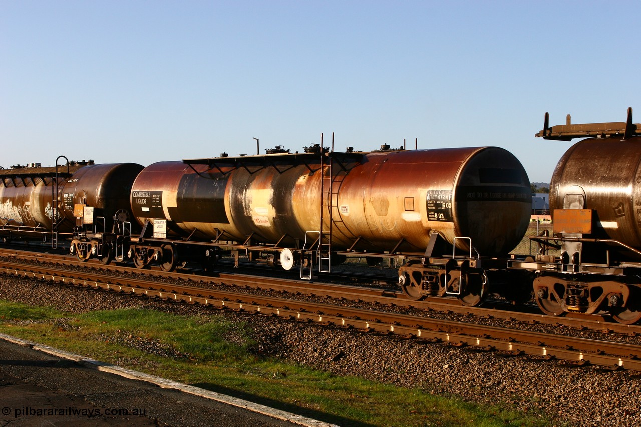 070609 0194
Midland, ATEY 4724 diesel fuel tank waggon in service for BP Oil, former NSW AMPOL NTAF tank, coded WTEY when arrived in WA.
Keywords: ATEY-type;ATEY4724;NTAF-type;WTEY-type;