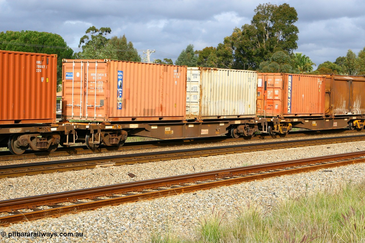 070613 0052
Woodbridge, AQNY 32195 container waggon, one of sixty two waggons built by Goninan WA in 1998 as WQN type for Murrin Murrin container traffic, with two 20' 2210 type containers Royal Wolf RRDU 234574 and unidentified 065583.
Keywords: AQNY-type;AQNY32195;Goninan-WA;WQN-type;