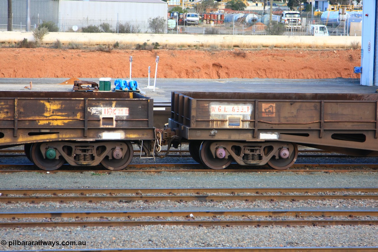 100601 8429
West Kalgoorlie, WGL 633 originally one of three units built by Westrail Midland Workshops in 1976-77 as WGL type bogie flat waggon for Western Mining Corporation for bagged nickel matte traffic, coupled to WGL 639 originally one of ten units built by Westrail Midland Workshops in 1975-76 as WFN type bogie flat waggon for Western Mining Corp. for nickel matte kibble traffic as WFN 603 and converted to WGL for bagged nickel matte in 1984.
Keywords: WGL-type;WGL633;Westrail-Midland-WS;