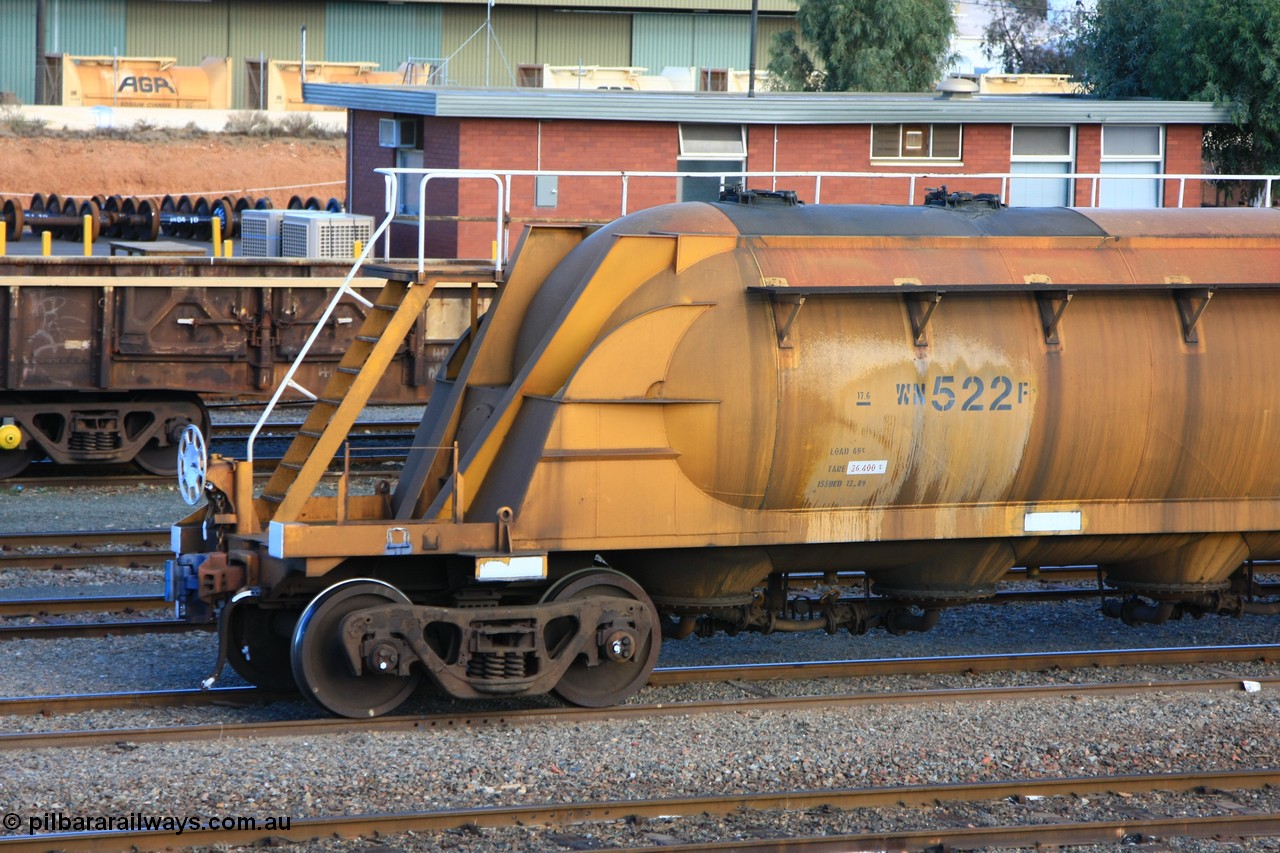 100601 8431
West Kalgoorlie, WN 522, pneumatic discharge nickel concentrate waggon, one of thirty built by AE Goodwin NSW as WN type in 1970 for WMC.
Keywords: WN-type;WN522;AE-Goodwin;