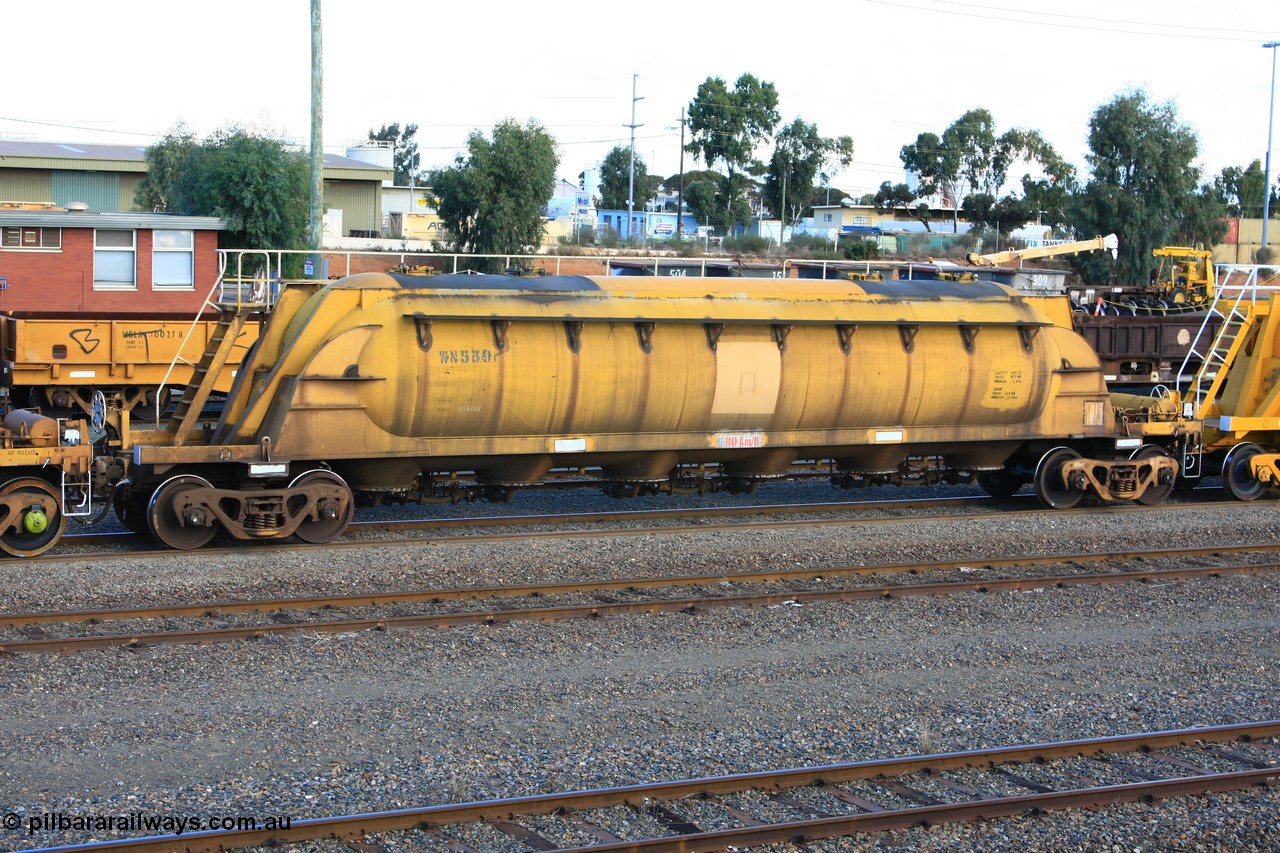 100601 8432
West Kalgoorlie, WN 539, pneumatic discharge nickel concentrate waggon, one of a further ten built by WAGR Midland Workshops as WN type in 1975 for WMC.
Keywords: WN-type;WN539;WAGR-Midland-WS;