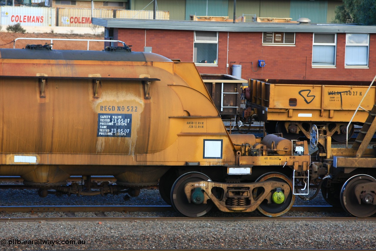 100601 8433
West Kalgoorlie, WN 522, pneumatic discharge nickel concentrate waggon, one of thirty built by AE Goodwin NSW as WN type in 1970 for WMC.
Keywords: WN-type;WN522;AE-Goodwin;