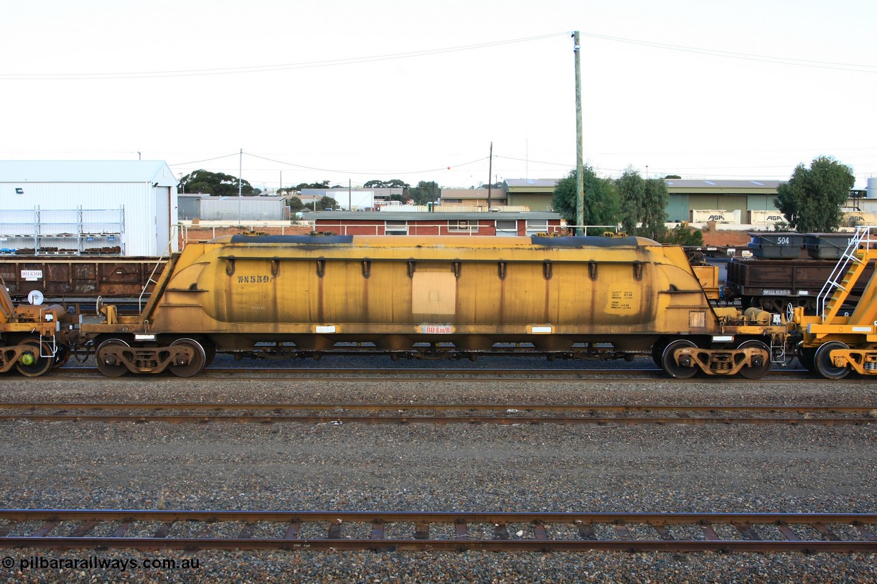 100601 8437
West Kalgoorlie, WN 539, pneumatic discharge nickel concentrate waggon, one of a further ten built by WAGR Midland Workshops as WN type in 1975 for WMC.
Keywords: WN-type;WN539;WAGR-Midland-WS;