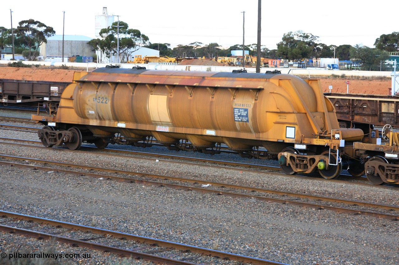 100601 8438
West Kalgoorlie, WN 522, pneumatic discharge nickel concentrate waggon, one of thirty built by AE Goodwin NSW as WN type in 1970 for WMC.
Keywords: WN-type;WN522;AE-Goodwin;