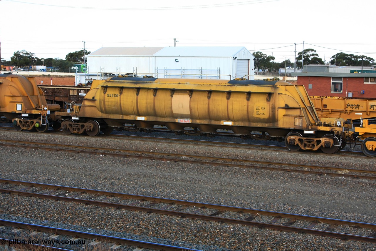 100601 8439
West Kalgoorlie, WN 539, pneumatic discharge nickel concentrate waggon, one of a further ten built by WAGR Midland Workshops as WN type in 1975 for WMC.
Keywords: WN-type;WN539;WAGR-Midland-WS;