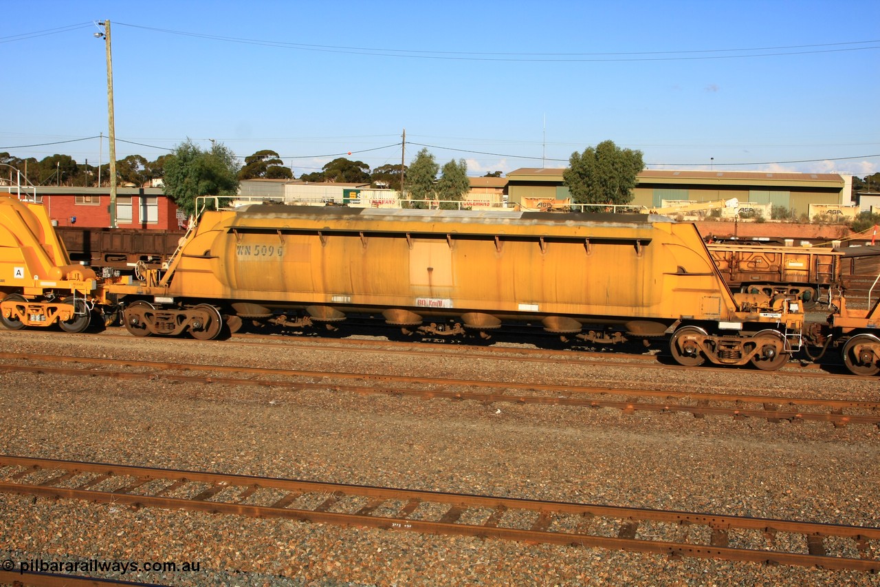 100601 8443
West Kalgoorlie, WN 509, pneumatic discharge nickel concentrate waggon, one of thirty built by AE Goodwin NSW as WN type in 1970 for WMC.
Keywords: WN-type;WN509;AE-Goodwin;