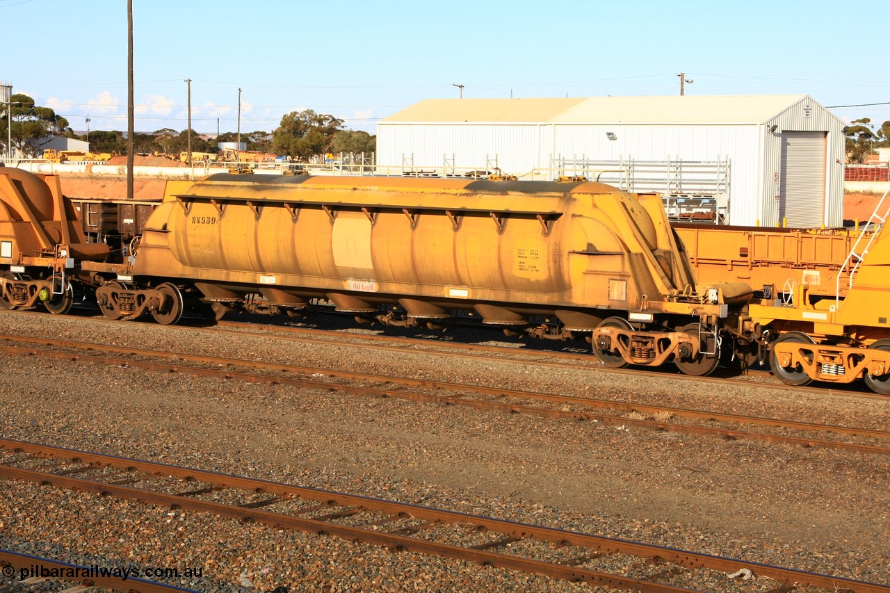 100601 8446
West Kalgoorlie, WN 539, pneumatic discharge nickel concentrate waggon, one of a further ten built by WAGR Midland Workshops as WN type in 1975 for WMC.
Keywords: WN-type;WN539;WAGR-Midland-WS;