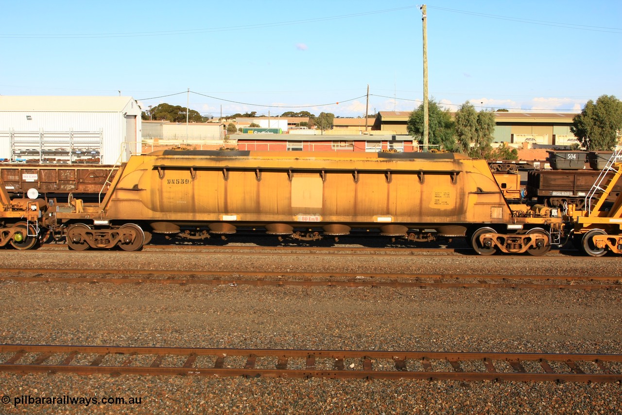 100601 8447
West Kalgoorlie, WN 539, pneumatic discharge nickel concentrate waggon, one of a further ten built by WAGR Midland Workshops as WN type in 1975 for WMC.
Keywords: WN-type;WN539;WAGR-Midland-WS;