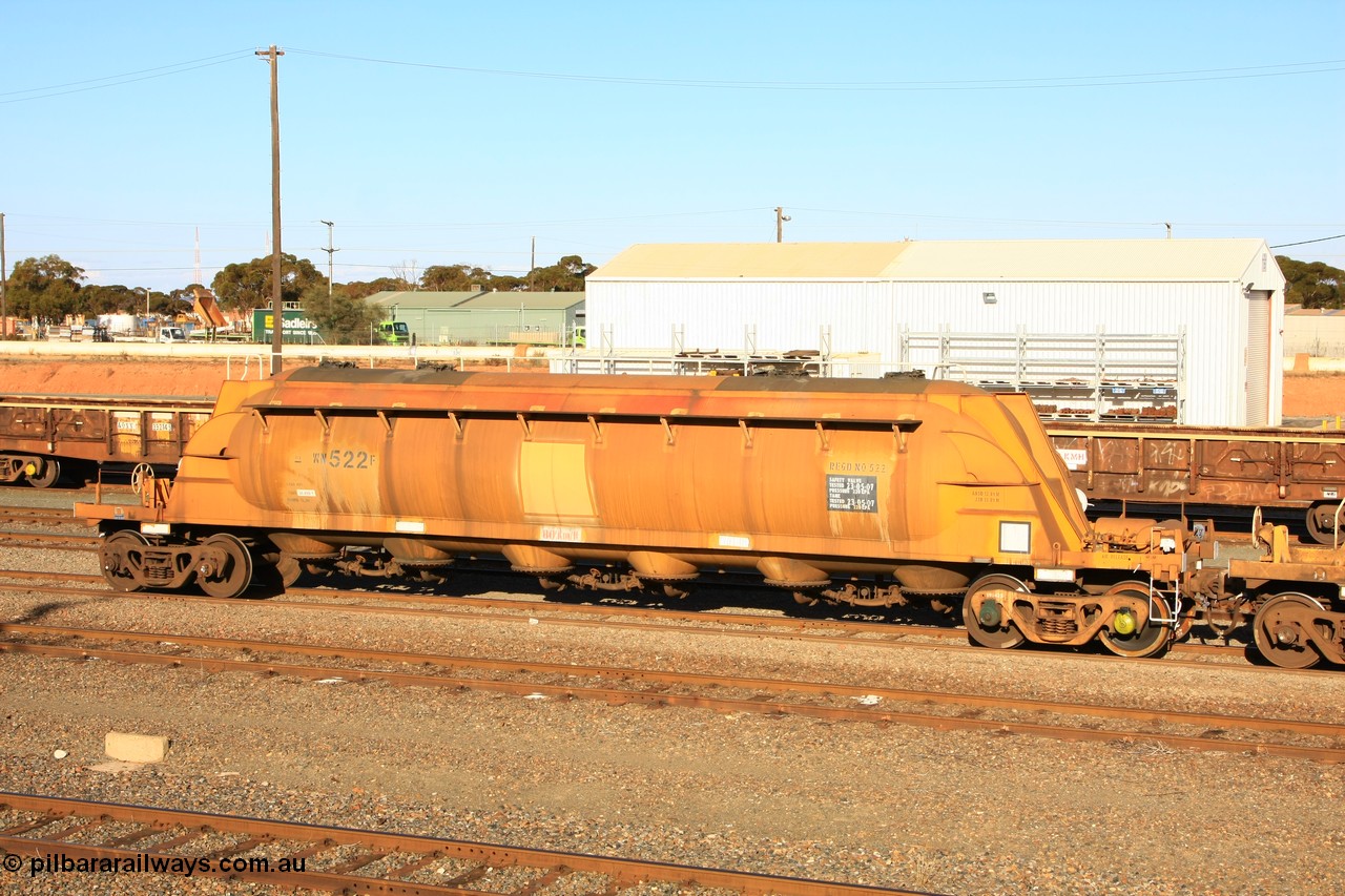100601 8449
West Kalgoorlie, WN 522, pneumatic discharge nickel concentrate waggon, one of thirty built by AE Goodwin NSW as WN type in 1970 for WMC.
Keywords: WN-type;WN522;AE-Goodwin;