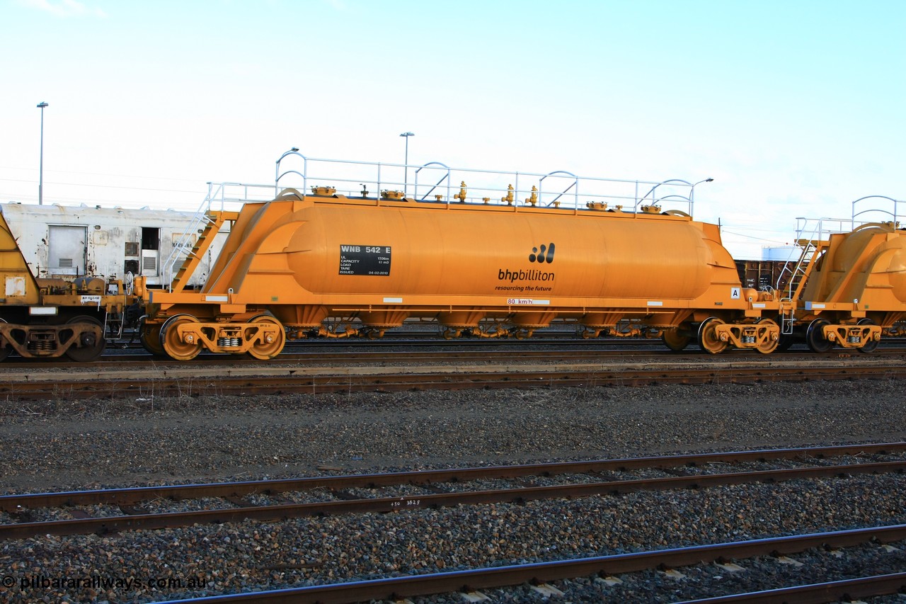 100601 8451
West Kalgoorlie, WNB type pneumatic discharge nickel concentrate waggon WNB 542, one of six units built by Bluebird Rail Services SA in 2010 for BHP Billiton.
Keywords: WNB-type;WNB542;Bluebird-Rail-Operations-SA;