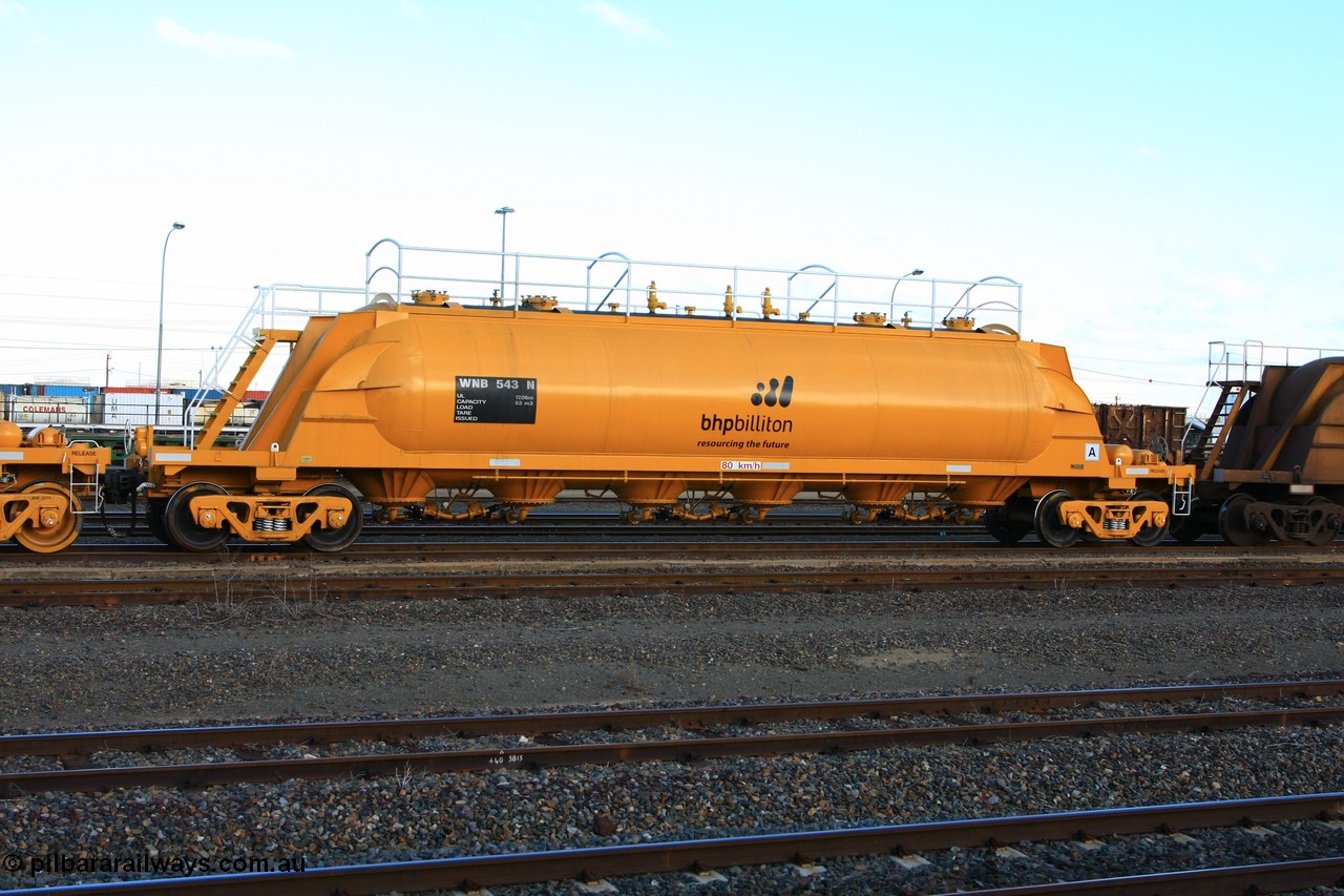 100601 8452
West Kalgoorlie, WNB 543, pneumatic discharge nickel concentrate waggon, one of six units built by Bluebird Rail Services SA in 2010 for BHP Billiton.
Keywords: WNB-type;WNB543;Bluebird-Rail-Operations-SA;