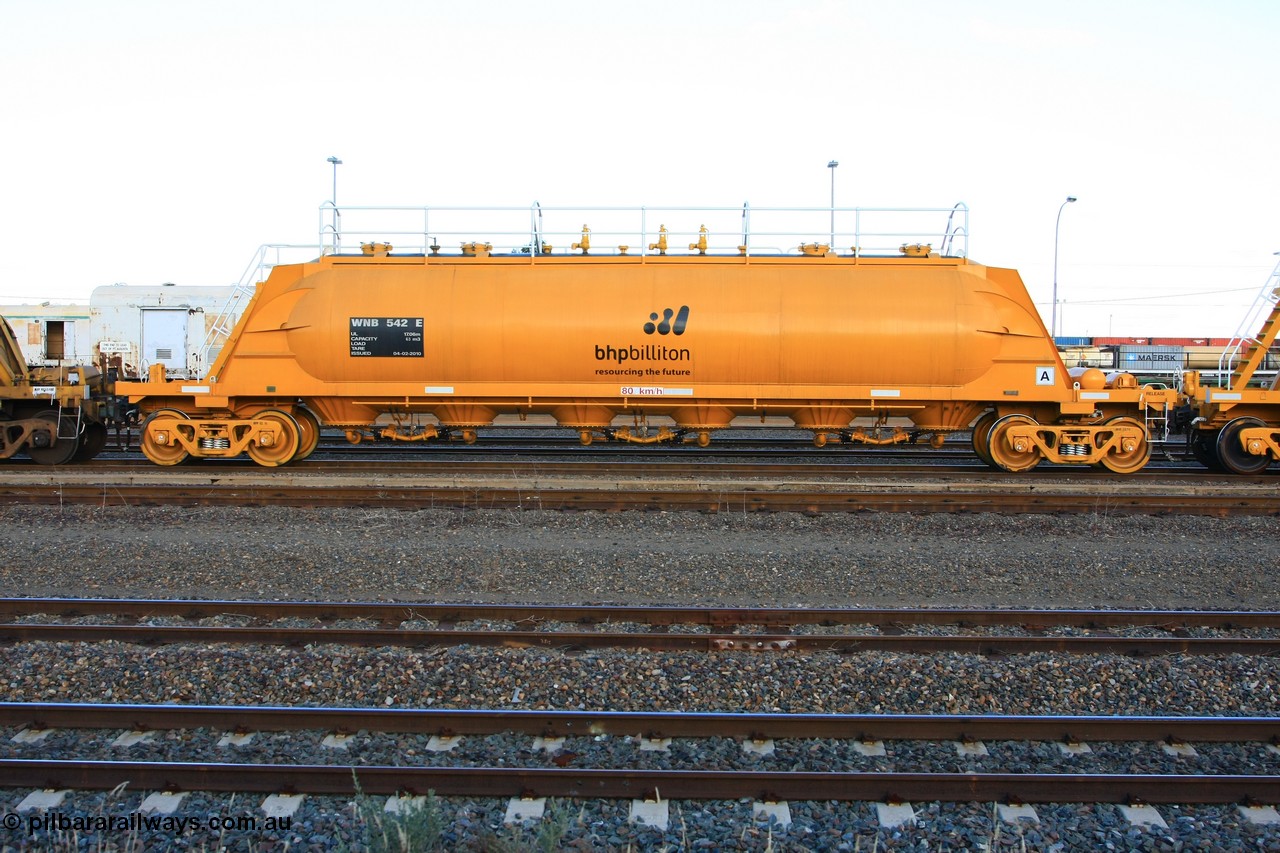 100601 8453
West Kalgoorlie, WNB type pneumatic discharge nickel concentrate waggon WNB 542, one of six units built by Bluebird Rail Services SA in 2010 for BHP Billiton.
Keywords: WNB-type;WNB542;Bluebird-Rail-Operations-SA;