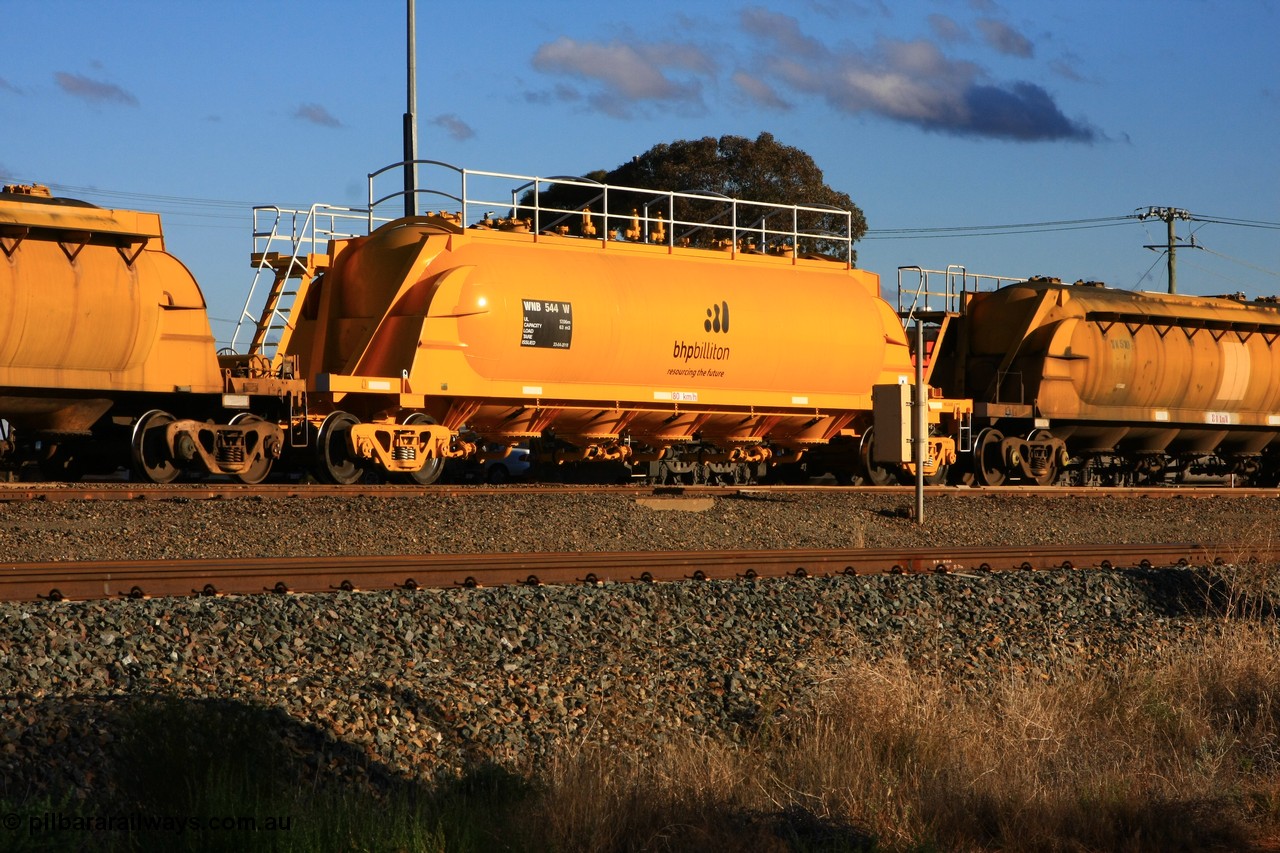 100601 8455
West Kalgoorlie, WNB 544, pneumatic discharge nickel concentrate waggon, one of six units built by Bluebird Rail Services SA in 2010 for BHP Billiton.
Keywords: WNB-type;WNB544;Bluebird-Rail-Operations-SA;