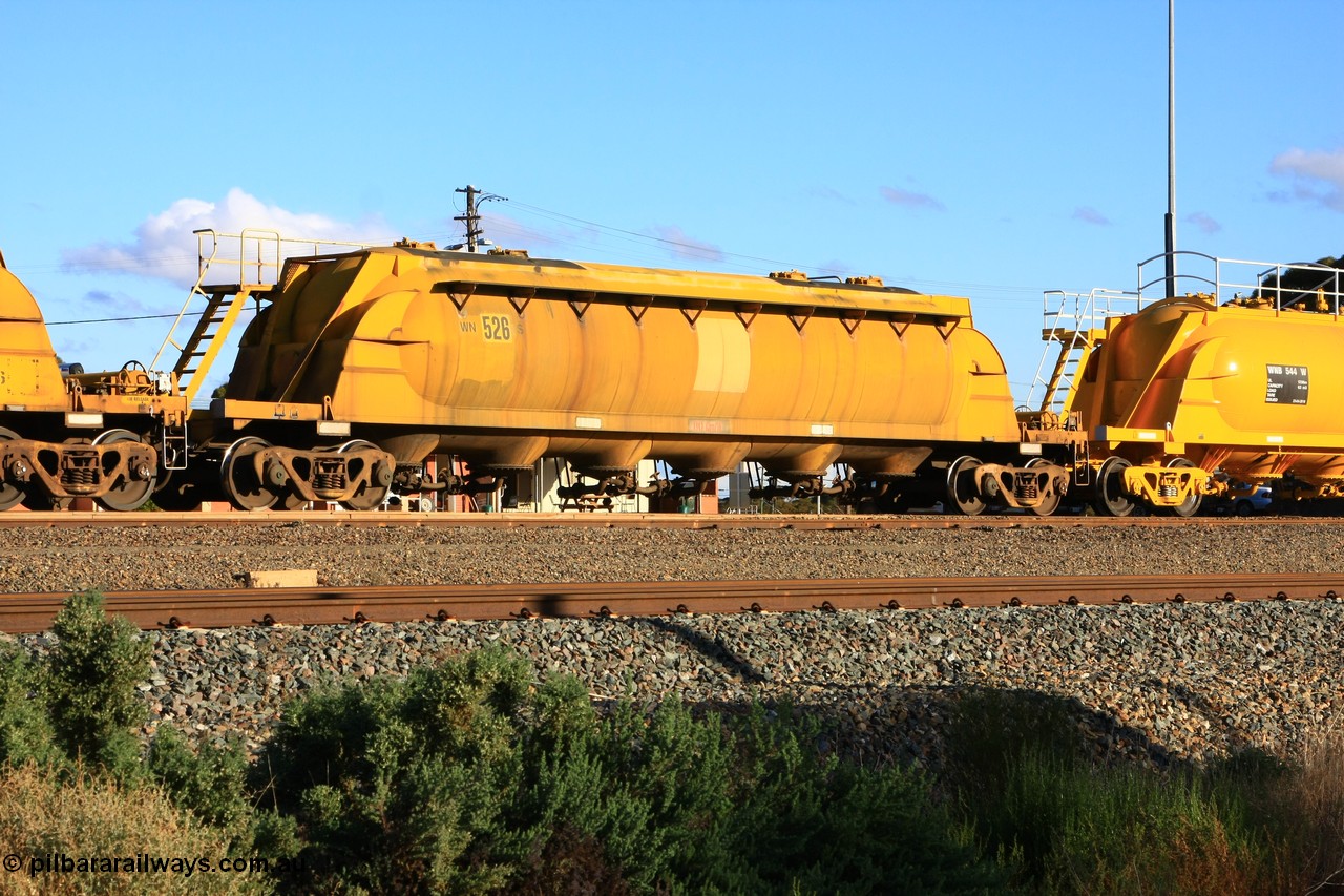 100601 8456
West Kalgoorlie, WN 526, pneumatic discharge nickel concentrate waggon, one of thirty units built by AE Goodwin NSW as WN type in 1970 for WMC.
Keywords: WN-type;WN526;AE-Goodwin;