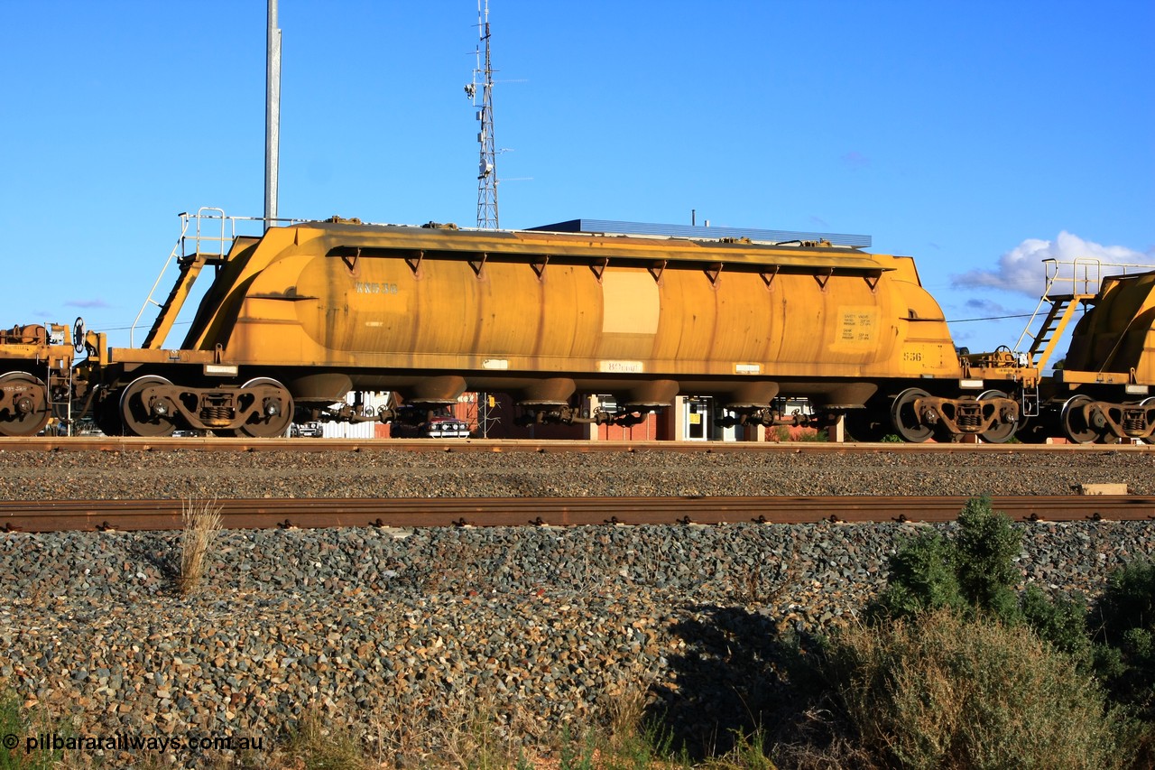 100601 8457
West Kalgoorlie, WN 536, pneumatic discharge nickel concentrate waggon, one of a further ten units built by WAGR Midland Workshops as WN type in 1975 for WMC.
Keywords: WN-type;WN536;WAGR-Midland-WS;