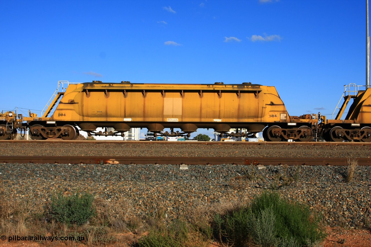 100601 8458
West Kalgoorlie, WN 504, pneumatic discharge nickel concentrate waggon, one of thirty units built by AE Goodwin NSW as WN type in 1970 for WMC.
Keywords: WN-type;WN504;AE-Goodwin;