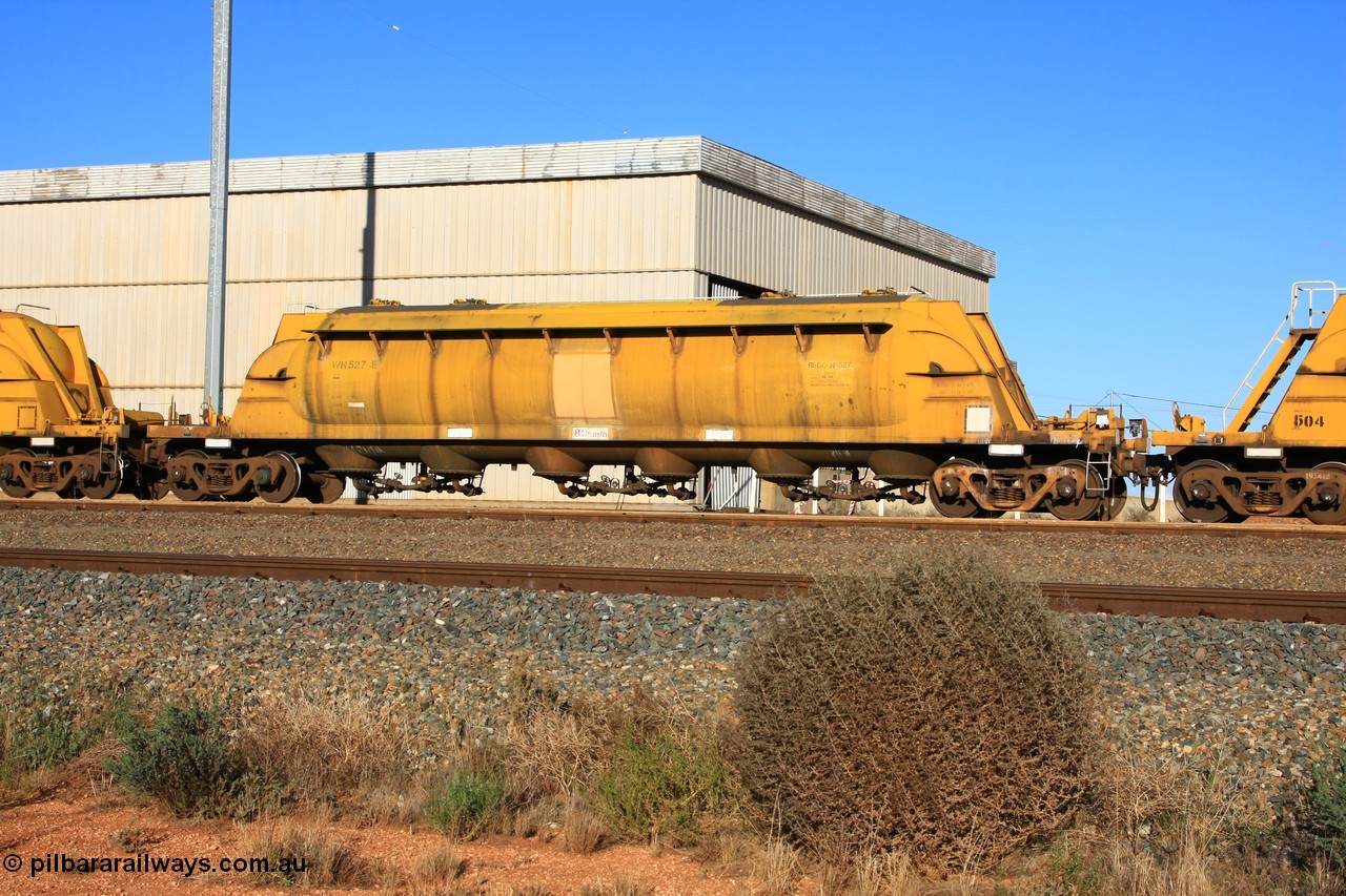 100601 8459
West Kalgoorlie, WN 527, pneumatic discharge nickel concentrate waggon, one of thirty units built by AE Goodwin NSW as WN type in 1970 for WMC.
Keywords: WN-type;WN527;AE-Goodwin;