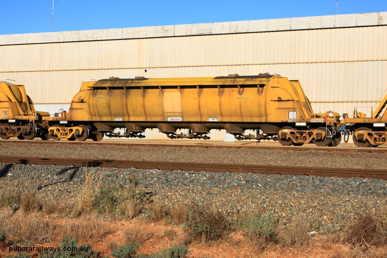 100601 8461
West Kalgoorlie, WN 524, pneumatic discharge nickel concentrate waggon, one of thirty units built by AE Goodwin NSW as WN type in 1970 for WMC.
Keywords: WN-type;WN524;AE-Goodwin;