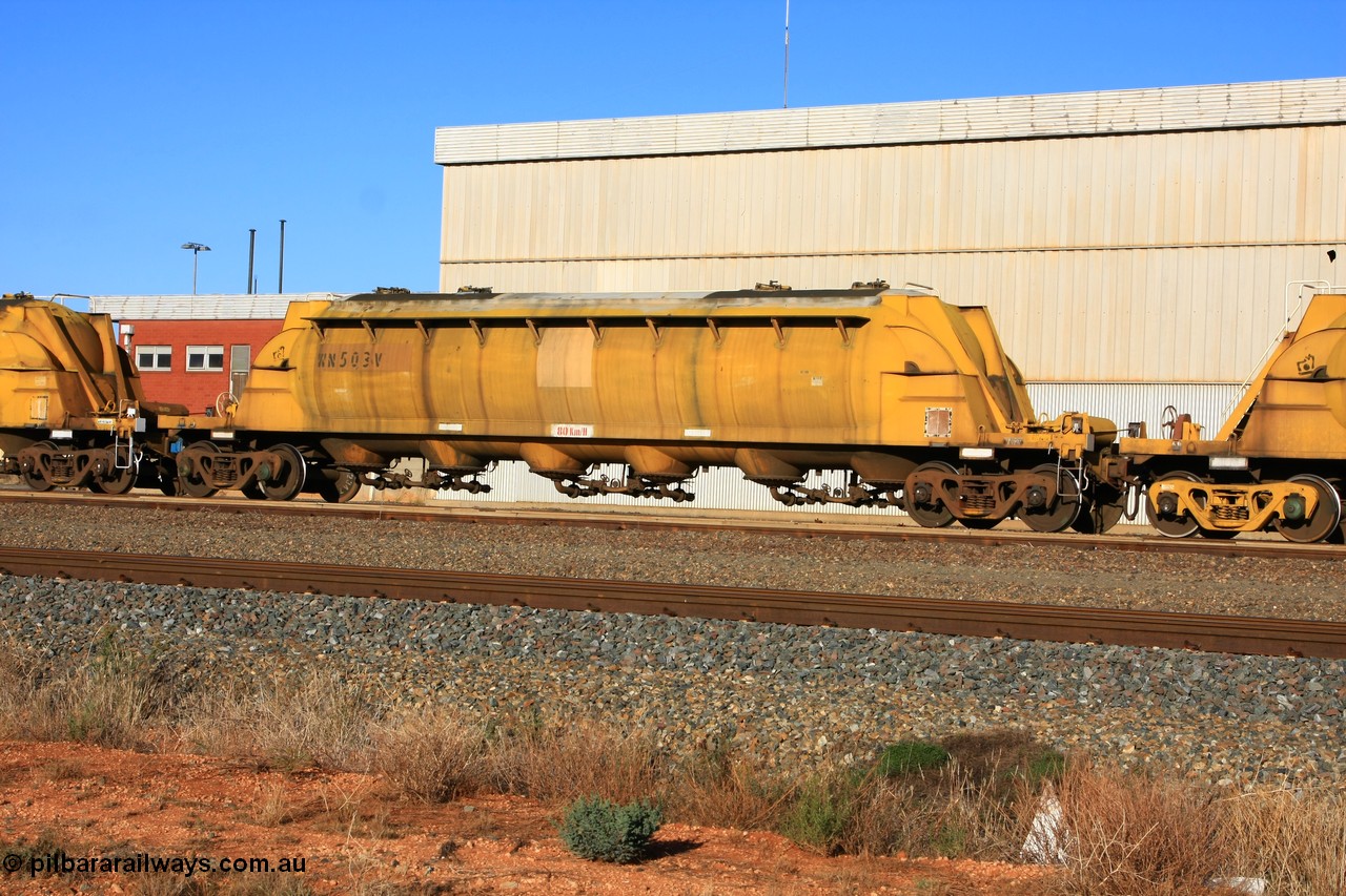 100601 8462
West Kalgoorlie, WN 503, pneumatic discharge nickel concentrate waggon, one of thirty units built by AE Goodwin NSW as WN type in 1970 for WMC.
Keywords: WN-type;WN503;AE-Goodwin;