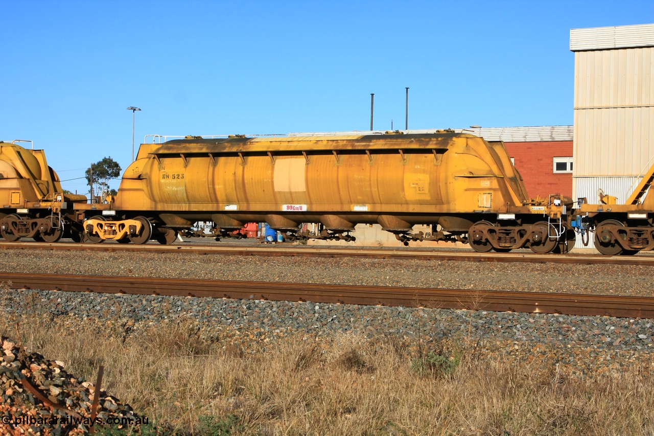 100601 8463
West Kalgoorlie, WN 523, pneumatic discharge nickel concentrate waggon, one of thirty units built by AE Goodwin NSW as WN type in 1970 for WMC.
Keywords: WN-type;WN523;AE-Goodwin;