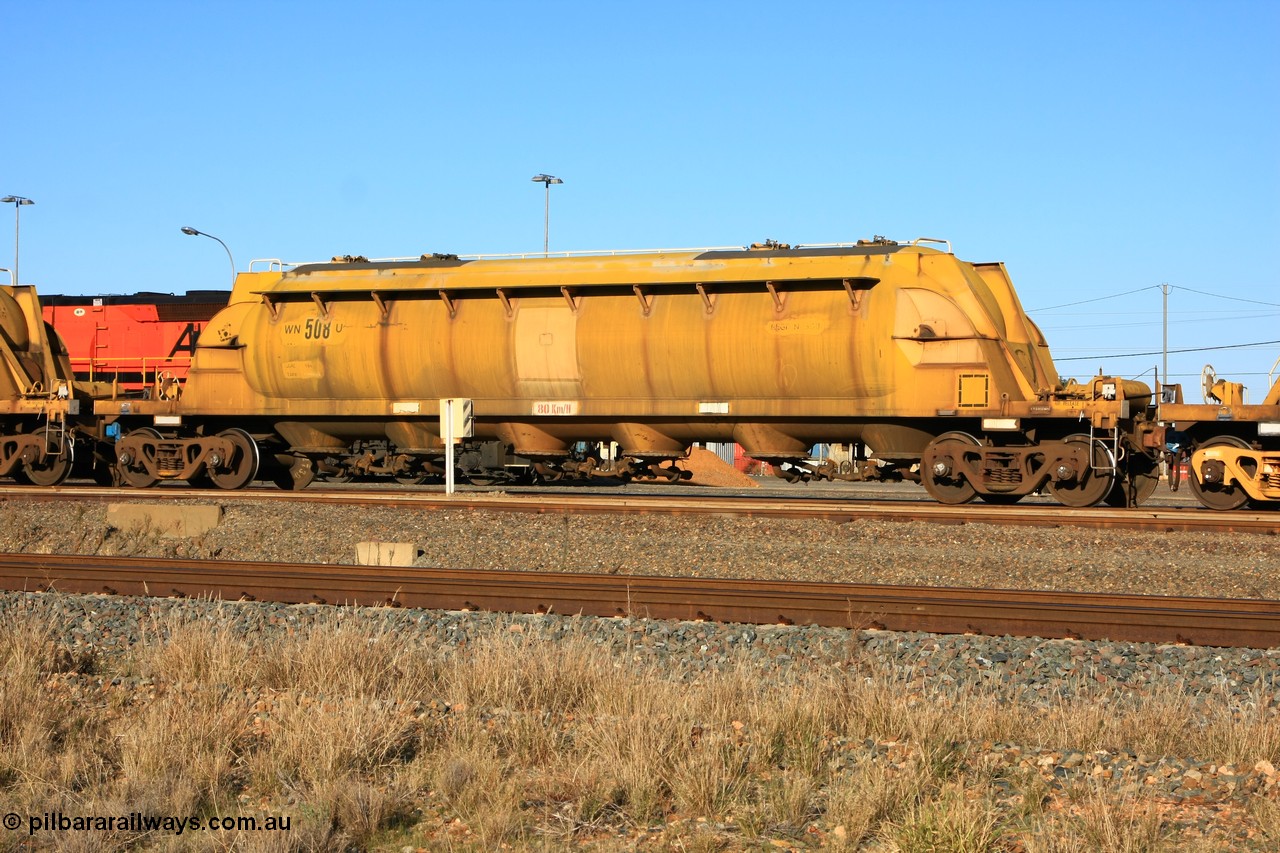 100601 8464
West Kalgoorlie, WN 508, pneumatic discharge nickel concentrate waggon, one of thirty units built by AE Goodwin NSW as WN type in 1970 for WMC.
Keywords: WN-type;WN508;AE-Goodwin;