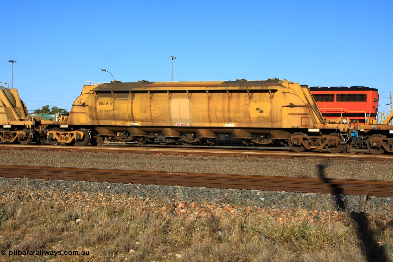 100601 8465
West Kalgoorlie, WN 520, pneumatic discharge nickel concentrate waggon, one of thirty units built by AE Goodwin NSW as WN type in 1970 for WMC.
Keywords: WN-type;WN520;AE-Goodwin;