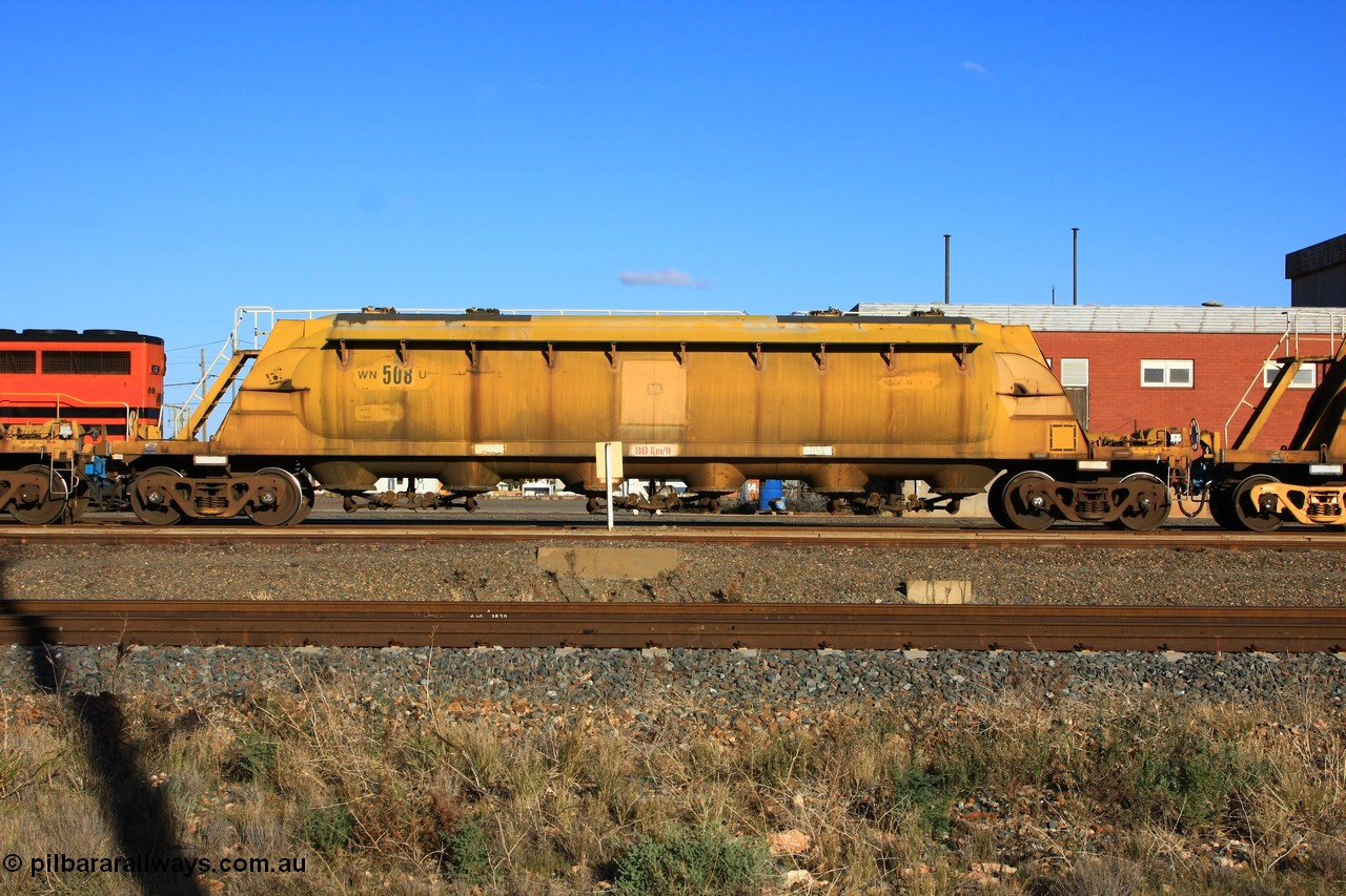100601 8466
West Kalgoorlie, WN 508, pneumatic discharge nickel concentrate waggon, one of thirty units built by AE Goodwin NSW as WN type in 1970 for WMC.
Keywords: WN-type;WN508;AE-Goodwin;