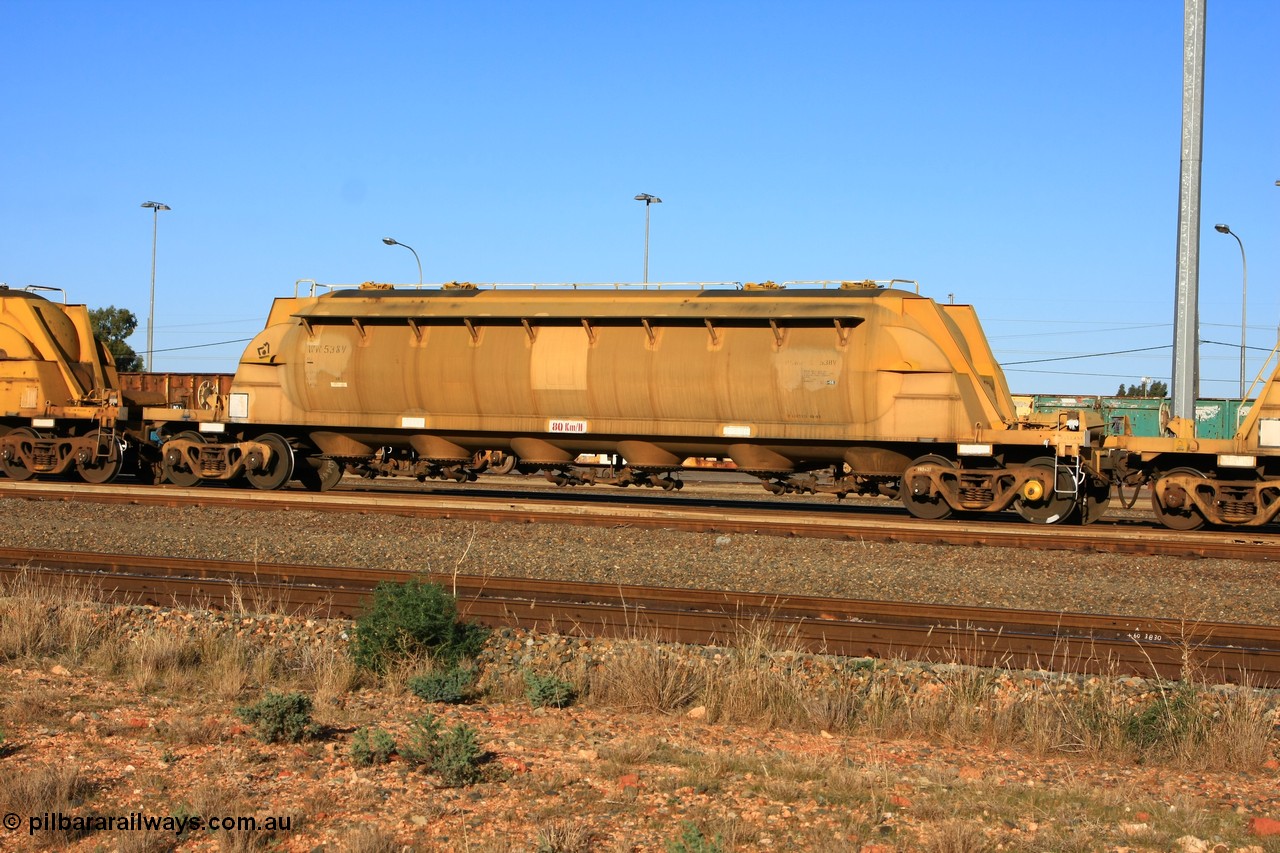 100601 8468
West Kalgoorlie, WN 538, pneumatic discharge nickel concentrate waggon, one of a further ten units built by WAGR Midland Workshops as WN type in 1975 for WMC.
Keywords: WN-type;WN538;WAGR-Midland-WS;