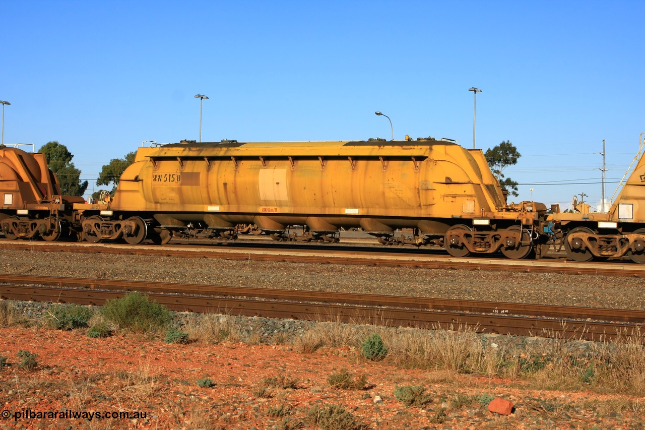 100601 8469
West Kalgoorlie, WN 515, pneumatic discharge nickel concentrate waggon, one of thirty units built by AE Goodwin NSW as WN type in 1970 for WMC.
Keywords: WN-type;WN515;AE-Goodwin;