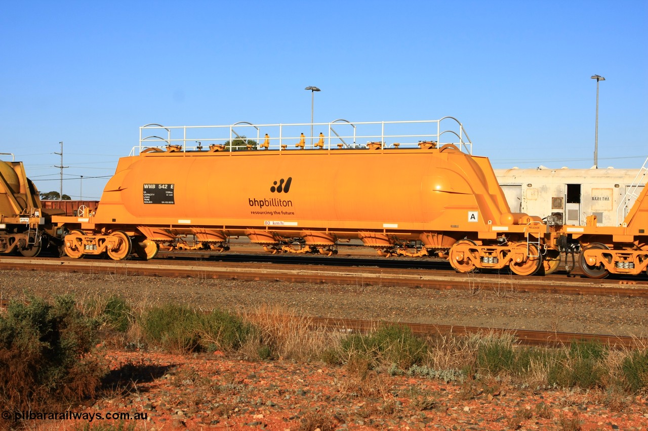 100601 8474
West Kalgoorlie, WNB type pneumatic discharge nickel concentrate waggon WNB 542, one of six units built by Bluebird Rail Services SA in 2010 for BHP Billiton.
Keywords: WNB-type;WNB542;Bluebird-Rail-Operations-SA;