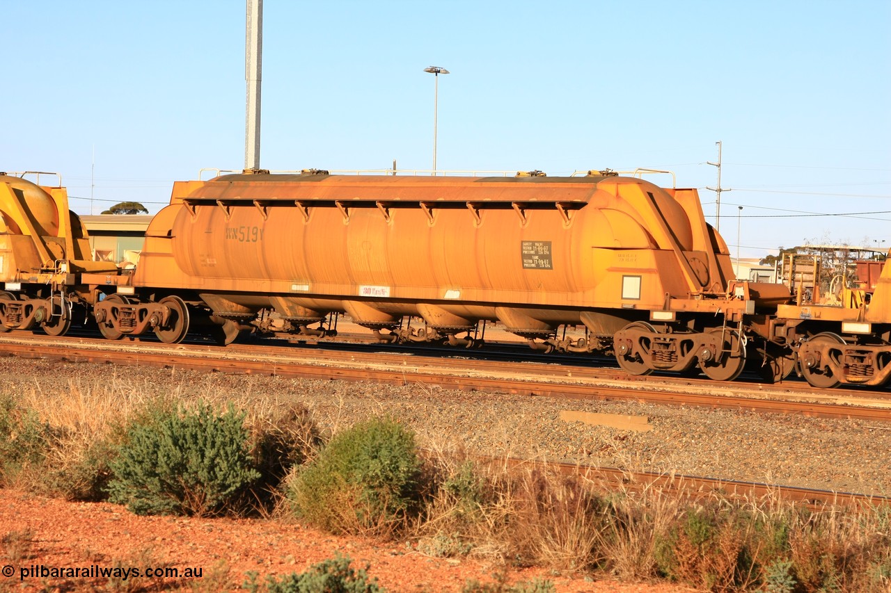 100601 8476
West Kalgoorlie, WN 519, pneumatic discharge nickel concentrate waggon, one of thirty units built by AE Goodwin NSW as WN type in 1970 for WMC.
Keywords: WN-type;WN519;AE-Goodwin;
