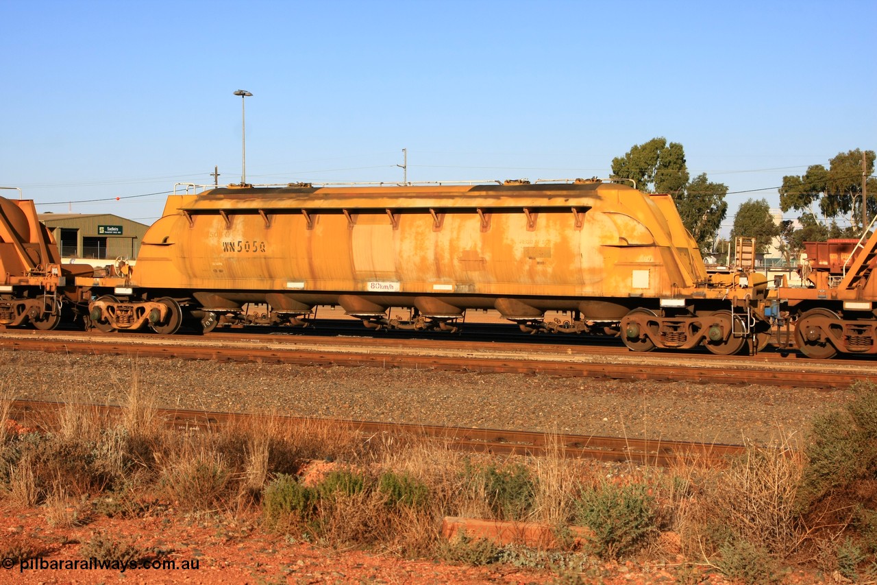 100601 8478
West Kalgoorlie, WN 505, pneumatic discharge nickel concentrate waggon, one of thirty units built by AE Goodwin NSW as WN type in 1970 for WMC.
Keywords: WN-type;WN505;AE-Goodwin;