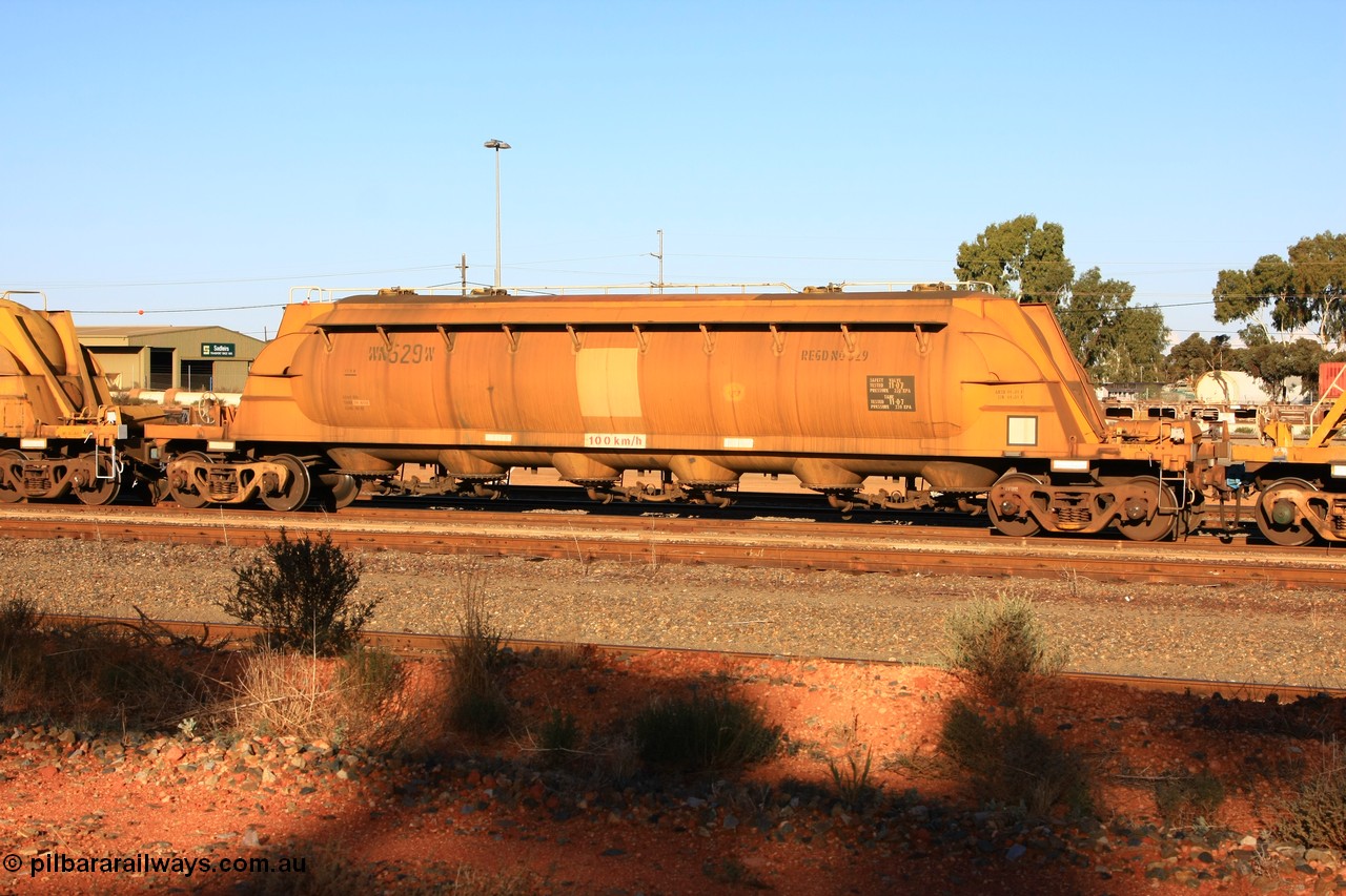 100601 8479
West Kalgoorlie, WN 529, pneumatic discharge nickel concentrate waggon, one of thirty units built by AE Goodwin NSW as WN type in 1970 for WMC.
Keywords: WN-type;WN529;AE-Goodwin;