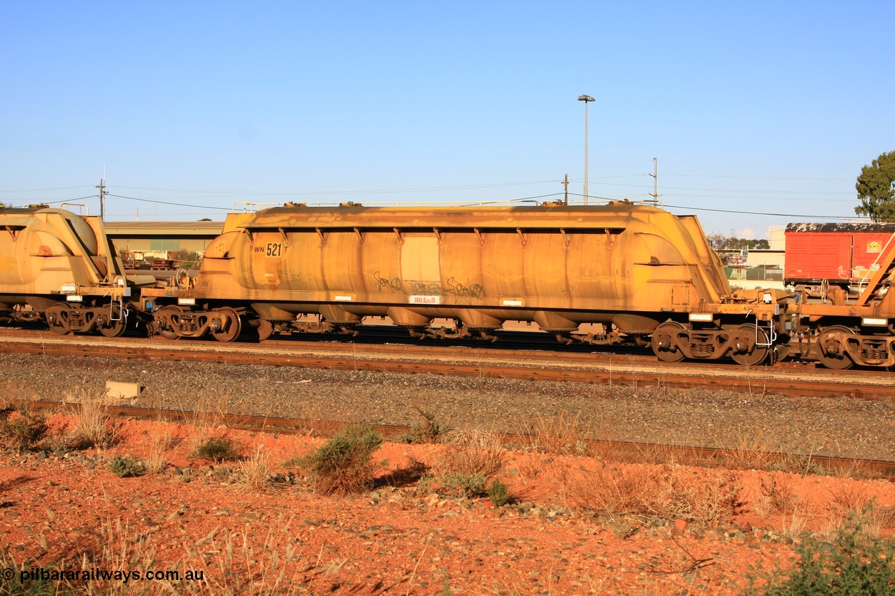 100601 8480
West Kalgoorlie, WN 521, pneumatic discharge nickel concentrate waggon, one of thirty units built by AE Goodwin NSW as WN type in 1970 for WMC.
Keywords: WN-type;WN521;AE-Goodwin;