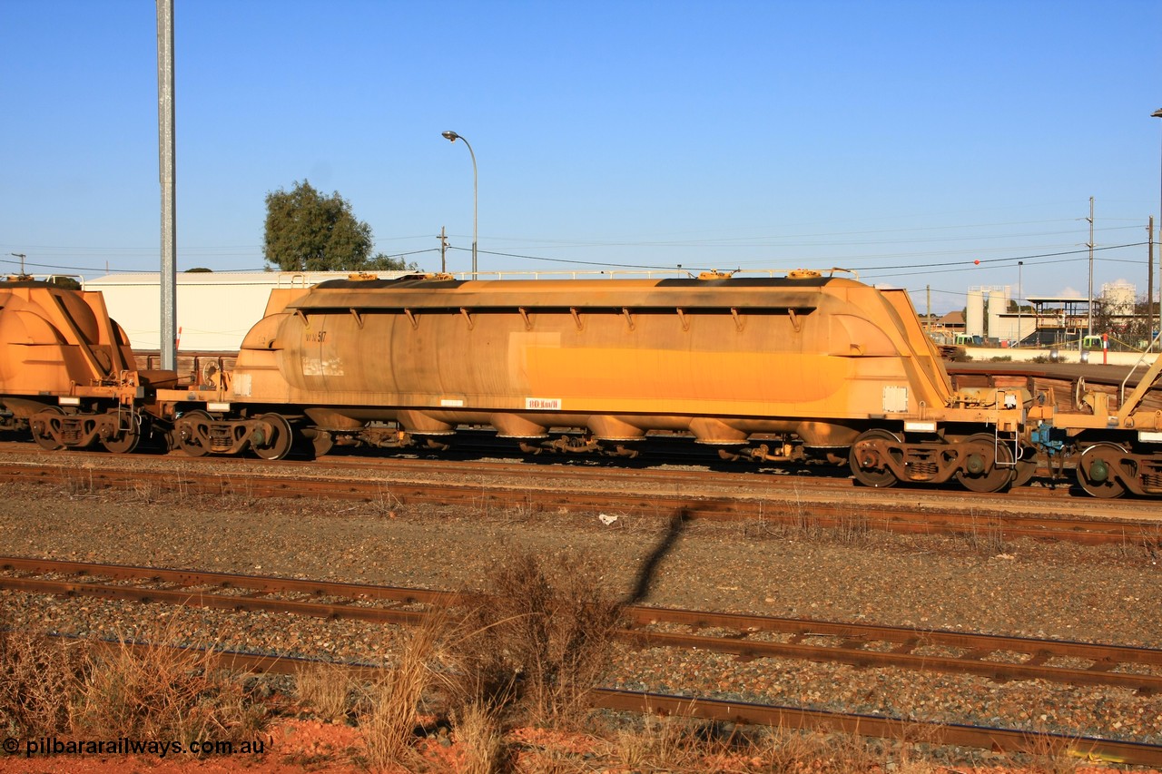 100601 8482
West Kalgoorlie, WN 517, pneumatic discharge nickel concentrate waggon, one of thirty units built by AE Goodwin NSW as WN type in 1970 for WMC.
Keywords: WN-type;WN517;AE-Goodwin;