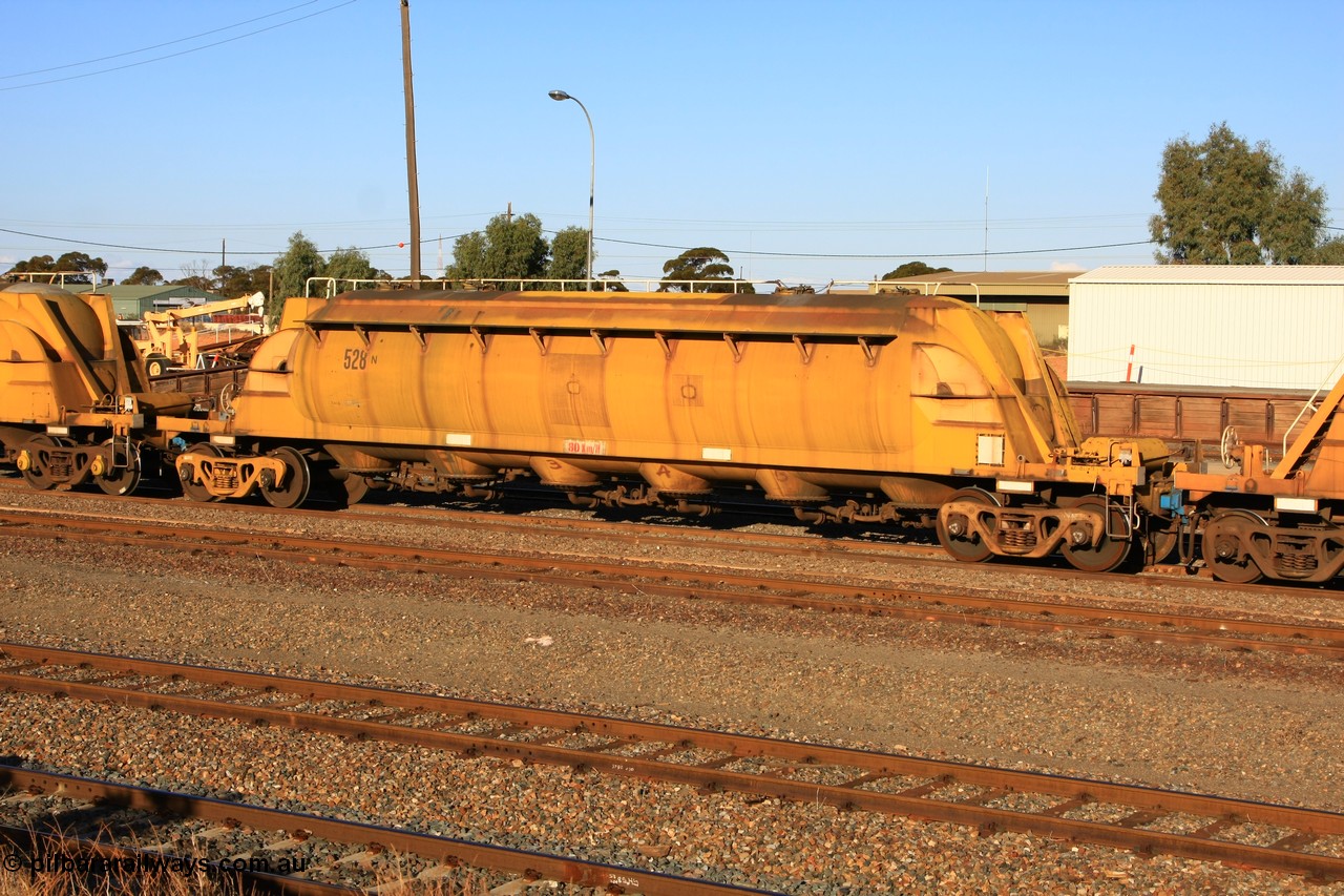 100601 8484
West Kalgoorlie, WN 528, pneumatic discharge nickel concentrate waggon, one of thirty units built by AE Goodwin NSW as WN type in 1970 for WMC.
Keywords: WN-type;WN528;AE-Goodwin;