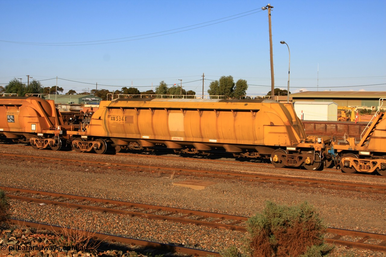 100601 8487
West Kalgoorlie, WN 534, pneumatic discharge nickel concentrate waggon, one of a further ten units built by WAGR Midland Workshops as WN type in 1975 for WMC.
Keywords: WN-type;WN534;WAGR-Midland-WS;