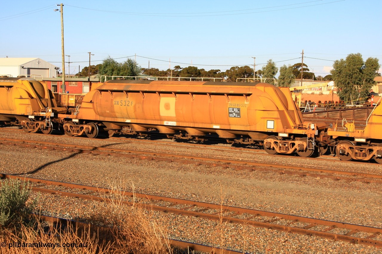100601 8488
West Kalgoorlie, WN 532, pneumatic discharge nickel concentrate waggon, one of a further ten built by WAGR Midland Workshops as WN type in 1975 for WMC.
Keywords: WN-type;WN532;WAGR-Midland-WS;