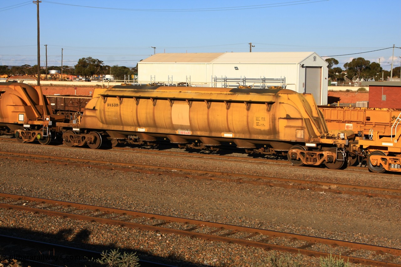 100601 8491
West Kalgoorlie, WN 539, pneumatic discharge nickel concentrate waggon, one of a further ten units built by WAGR Midland Workshops as WN type in 1975 for WMC.
Keywords: WN-type;WN539;WAGR-Midland-WS;