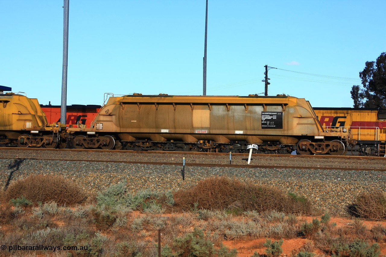 100601 8494
West Kalgoorlie, WN 516, pneumatic discharge nickel concentrate waggon, one of thirty units built by AE Goodwin NSW as WN type in 1970 for WMC.
Keywords: WN-type;WN516;AE-Goodwin;