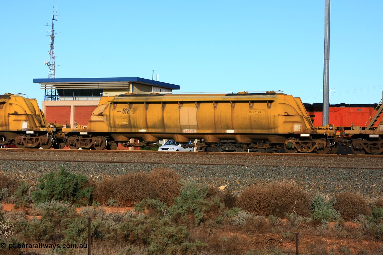 100601 8496
West Kalgoorlie, WN 512, pneumatic discharge nickel concentrate waggon, one of thirty units built by AE Goodwin NSW as WN type in 1970 for WMC.
Keywords: WN-type;WN512;AE-Goodwin;