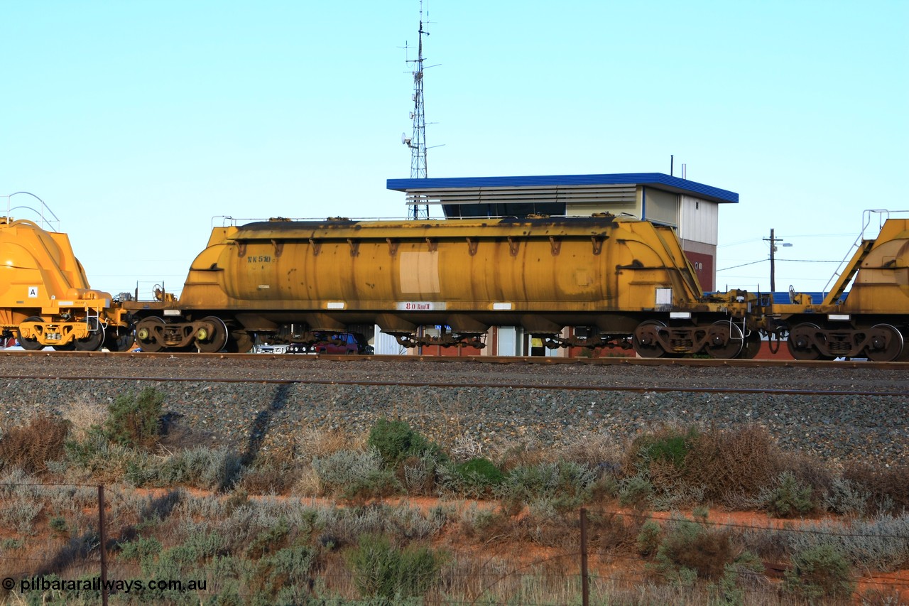 100601 8497
West Kalgoorlie, WN 510, pneumatic discharge nickel concentrate waggon, one of thirty units built by AE Goodwin NSW as WN type in 1970 for WMC.
Keywords: WN-type;WN510;AE-Goodwin;