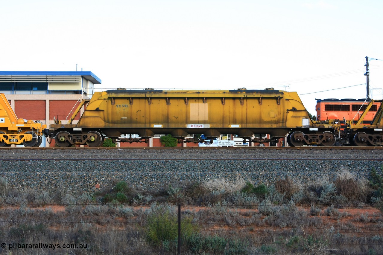 100601 8499
West Kalgoorlie, WN 510, pneumatic discharge nickel concentrate waggon, one of thirty units built by AE Goodwin NSW as WN type in 1970 for WMC.
Keywords: WN-type;WN510;AE-Goodwin;