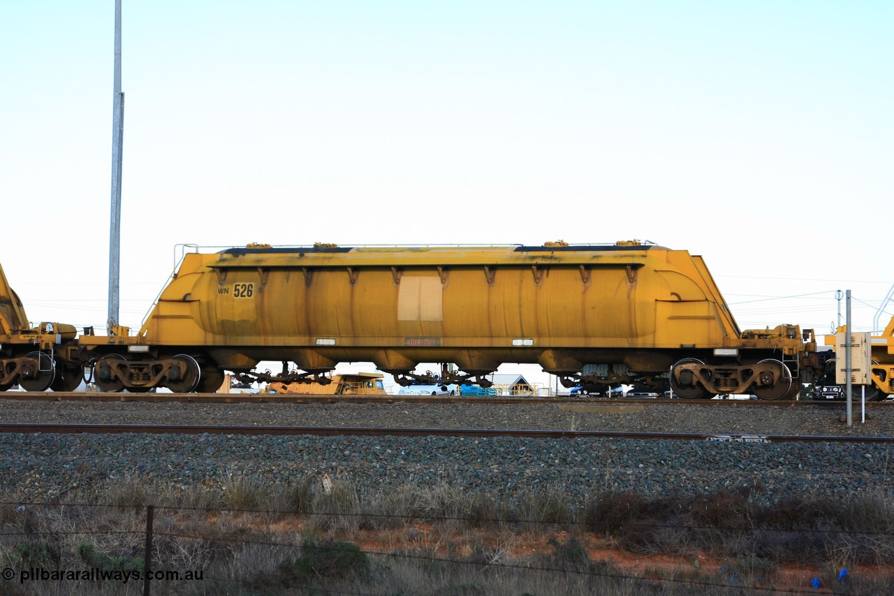 100601 8500
West Kalgoorlie, WN 526, pneumatic discharge nickel concentrate waggon, one of thirty units built by AE Goodwin NSW as WN type in 1970 for WMC.
Keywords: WN-type;WN526;AE-Goodwin;