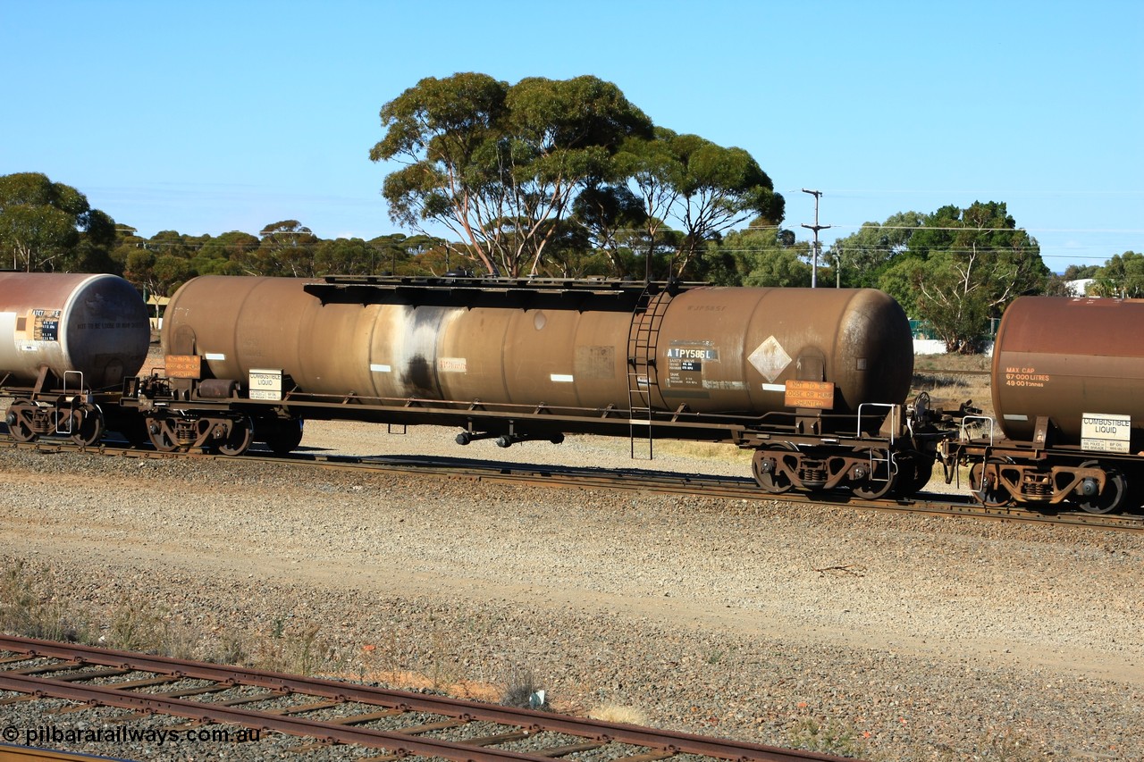 100602 8595
West Kalgoorlie, ATPY 585 fuel tank waggon built by WAGR Midland Workshops in 1976 with 586 for Mobil and coded WJP type, recoded to WJPY, sold to BP Oil in 1985, 80,000 litres one compartment one dome.
Keywords: ATPY-type;ATPY585;WAGR-Midland-WS;WJP-type;WJPY-type;